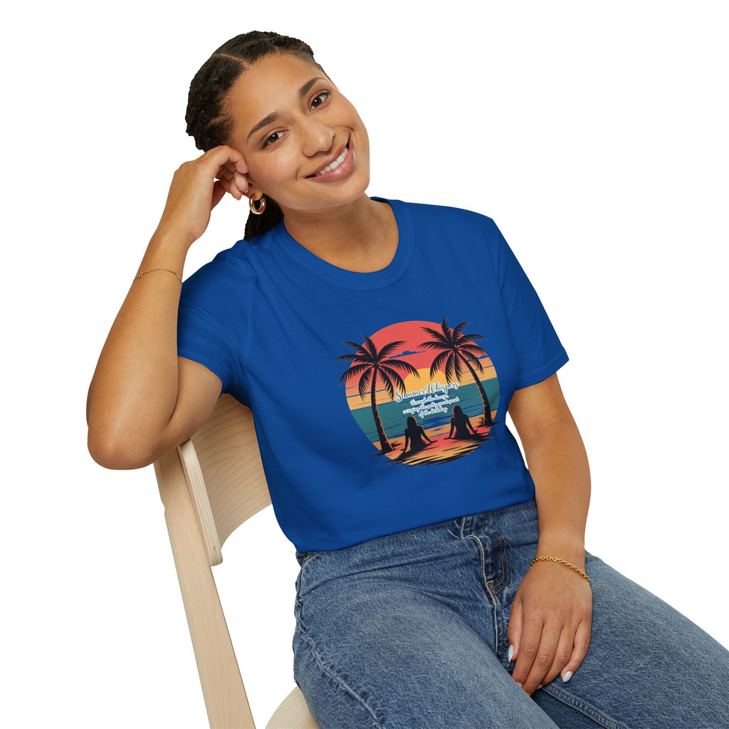 Beach Sunset T-Shirt — Couples Silhouette Palm Tree Graphic Tee (Vintage Rainbow Stripes)