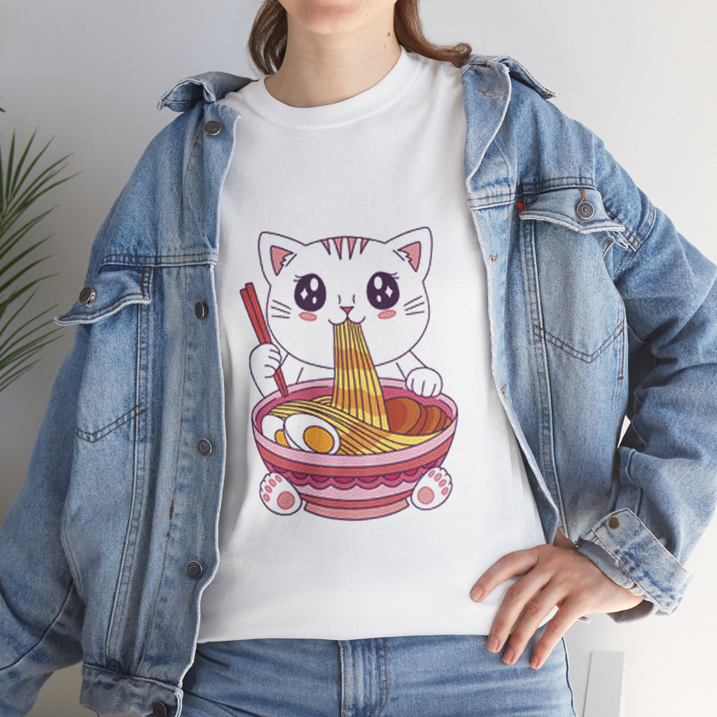 Cute Cat Ramen Tee – Kawaii Kitty Eating Noodles Graphic Shirt