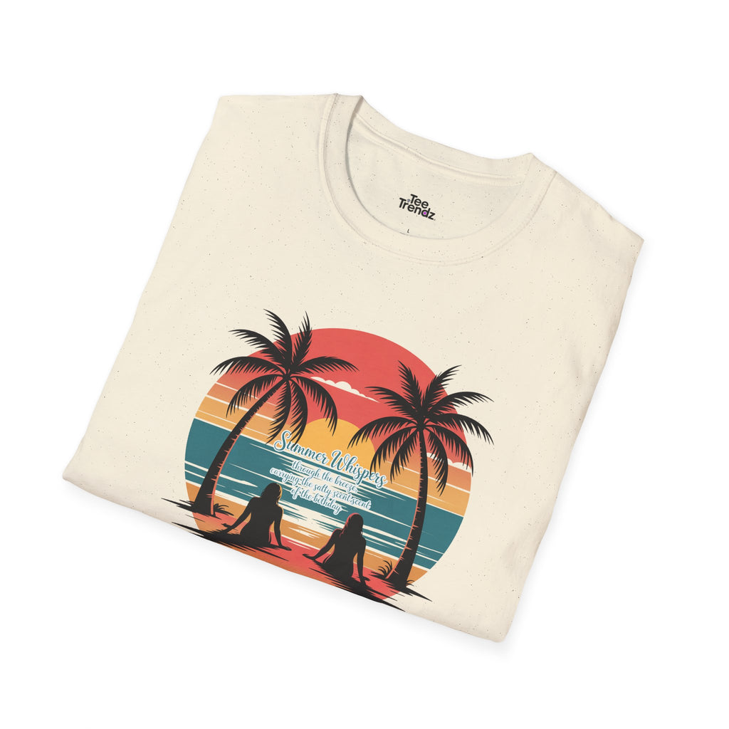 Beach Sunset T-Shirt — Couples Silhouette Palm Tree Graphic Tee (Vintage Rainbow Stripes)