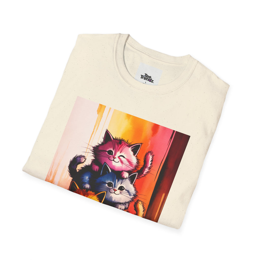 Colorful Stacked Cats T-Shirt — Playful Cute Cat Art Tee