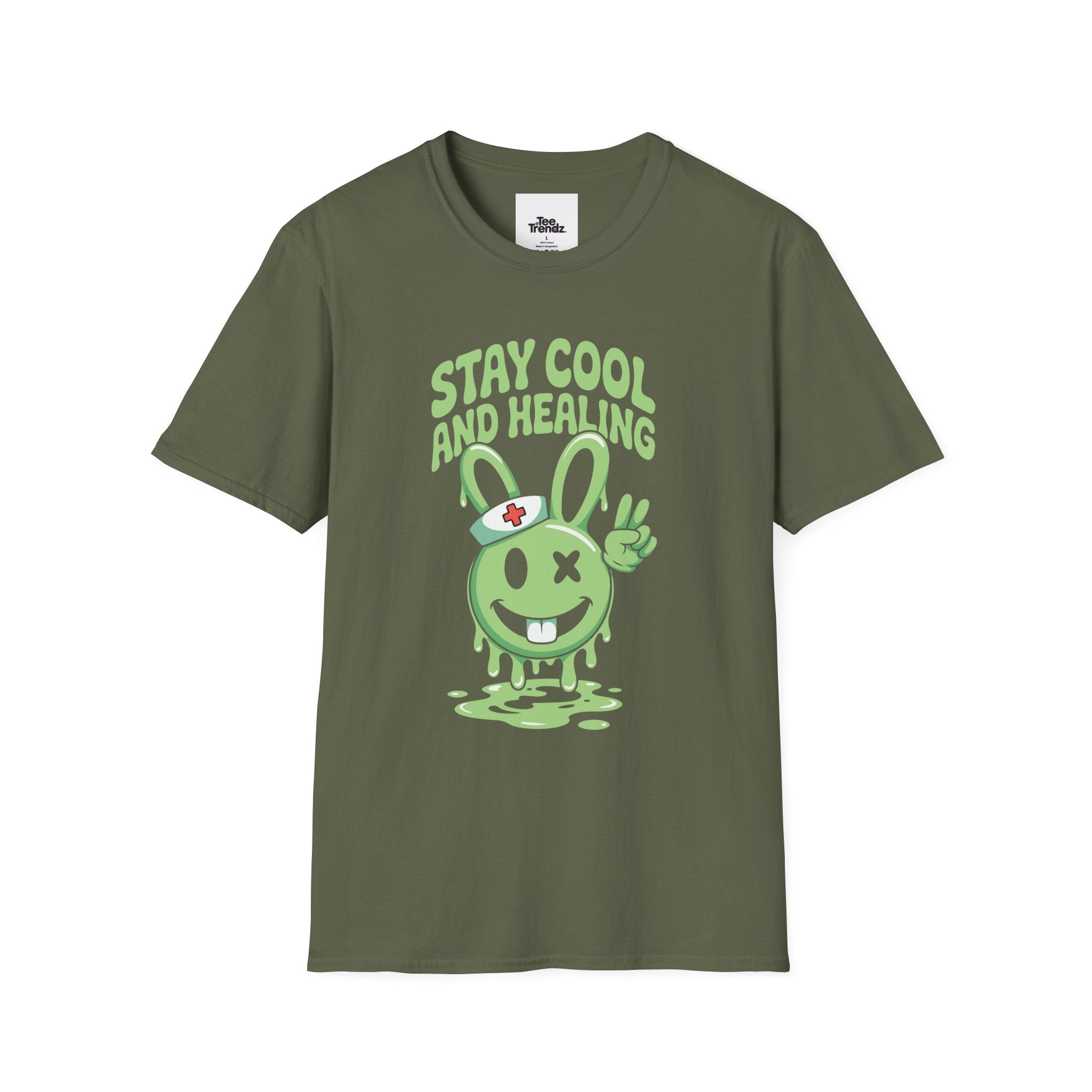Stay Cool and Healing Graphic T-Shirt — Cute Green Bunny Peace Tee