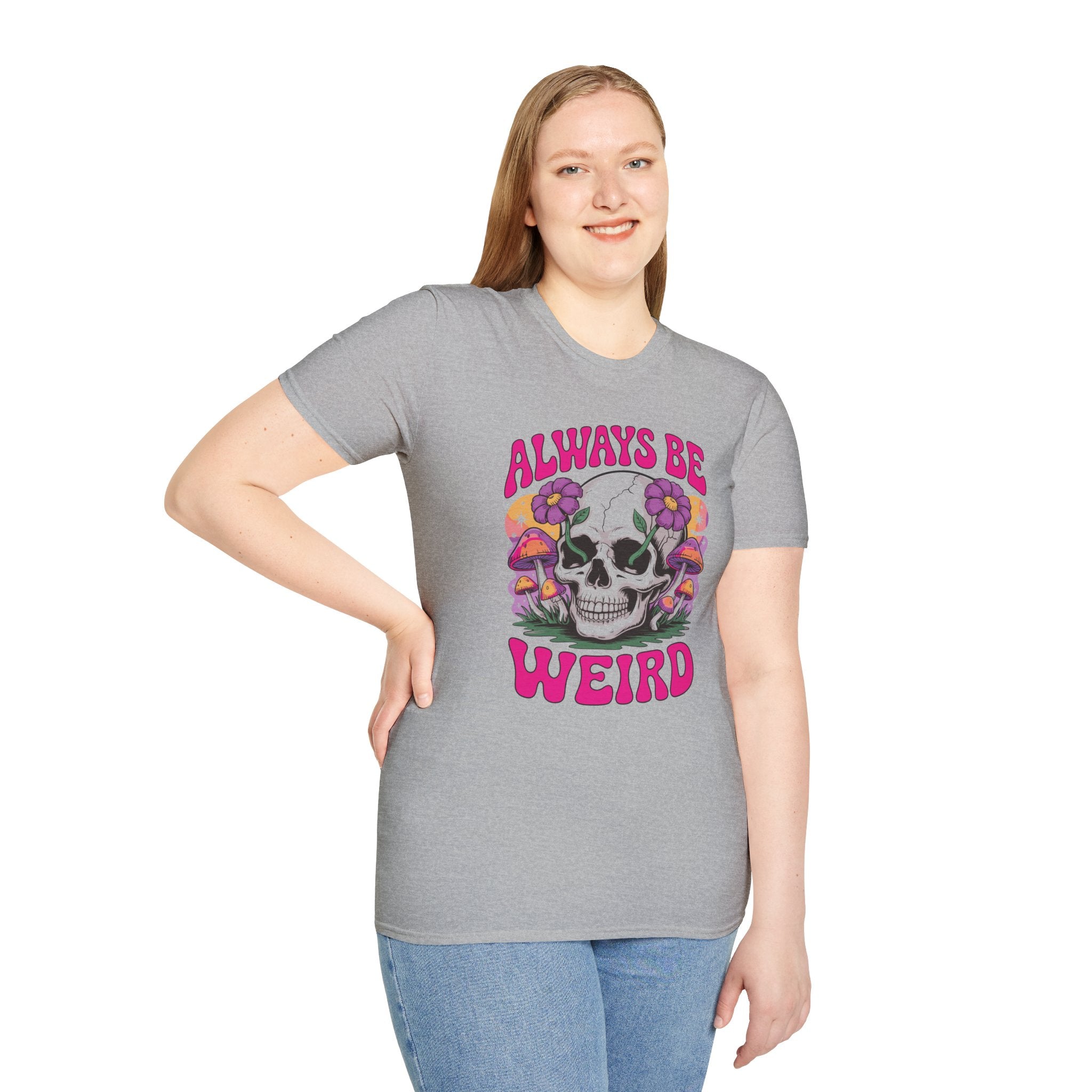 Skull & Mushrooms T-Shirt — "Always Be Weird" Retro Graphic Tee