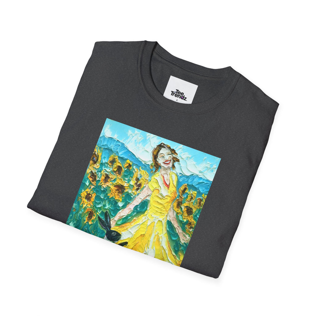 Sunflower Field Dress T-Shirt — Whimsical Girl & Dog Art Tee