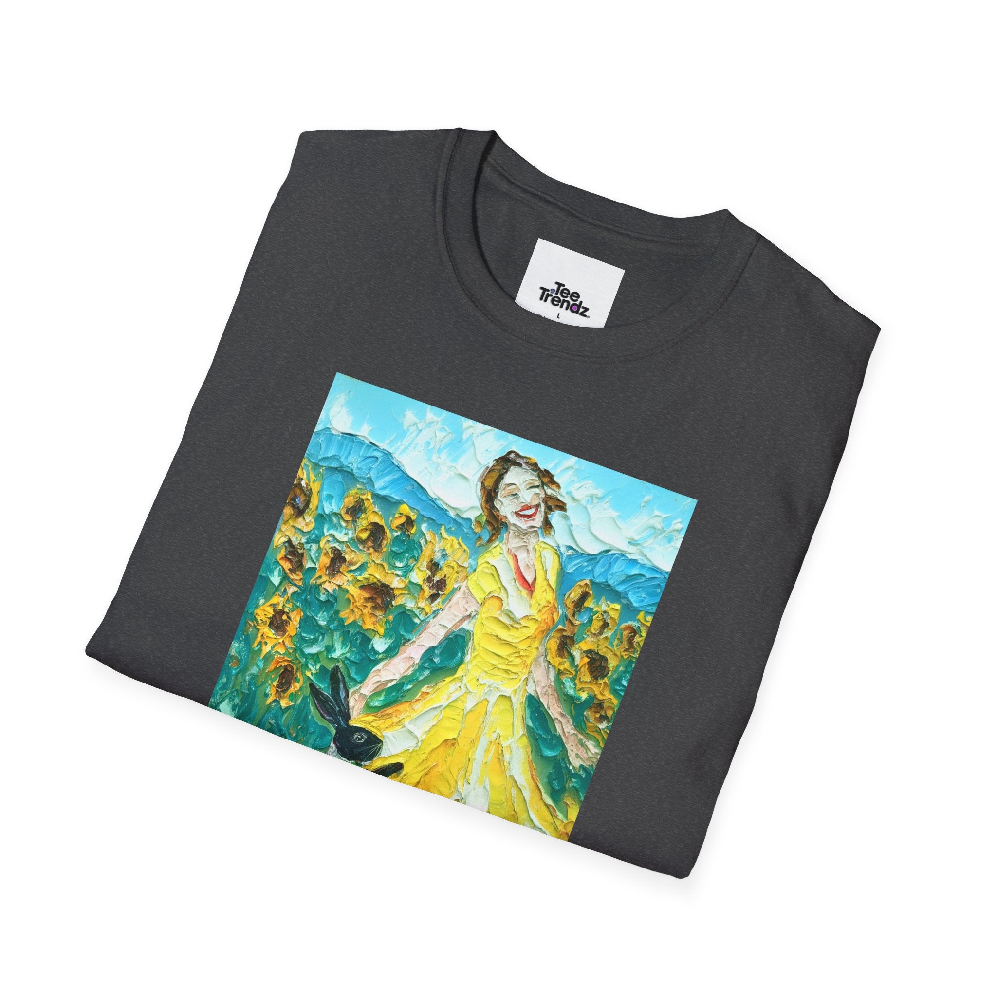 Sunflower Field Dress T-Shirt — Whimsical Girl & Dog Art Tee