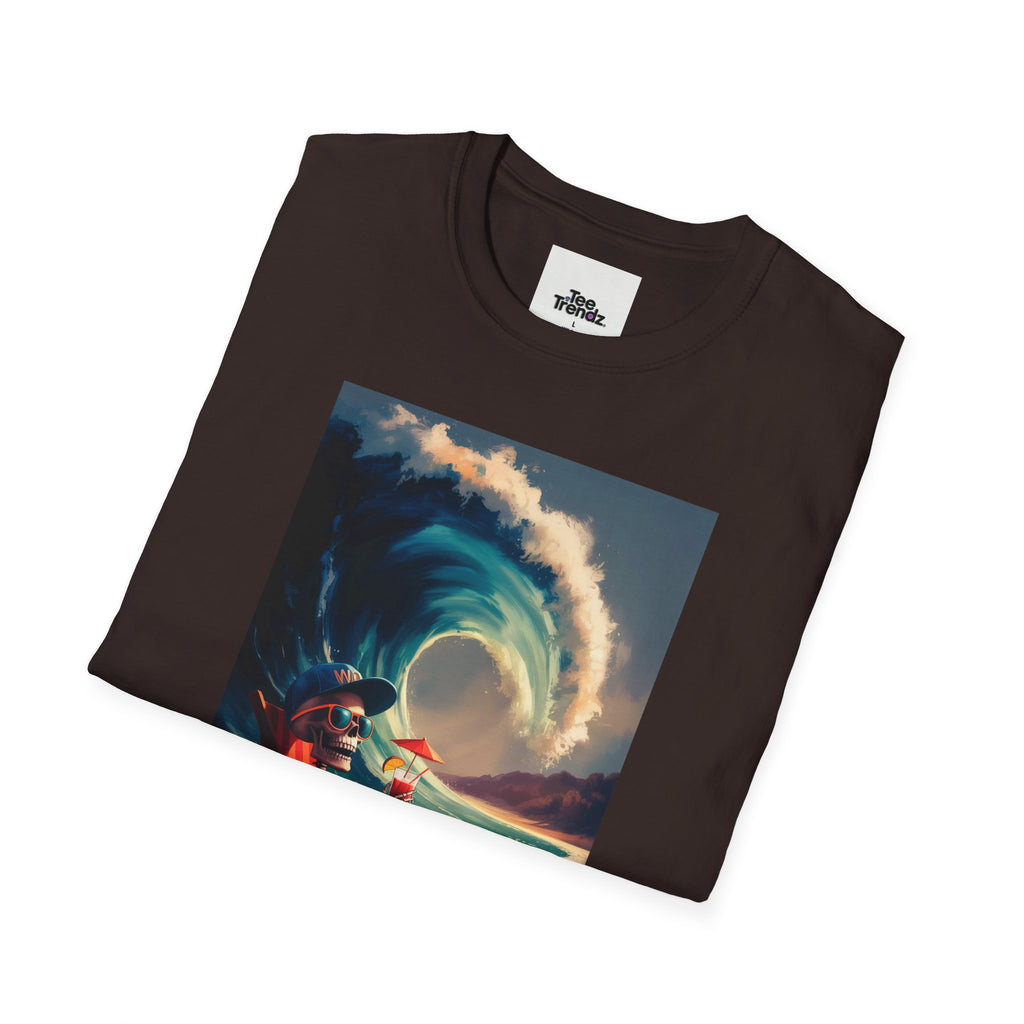 T-Shirt - Retro Beach Surf Scene with Giant Wave and Relaxing Skeleton (Vintage Coastal Vibe)