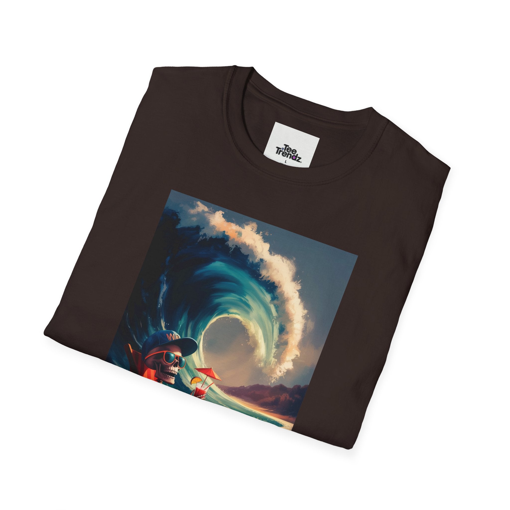 T-Shirt - Retro Beach Surf Scene with Giant Wave and Relaxing Skeleton (Vintage Coastal Vibe)