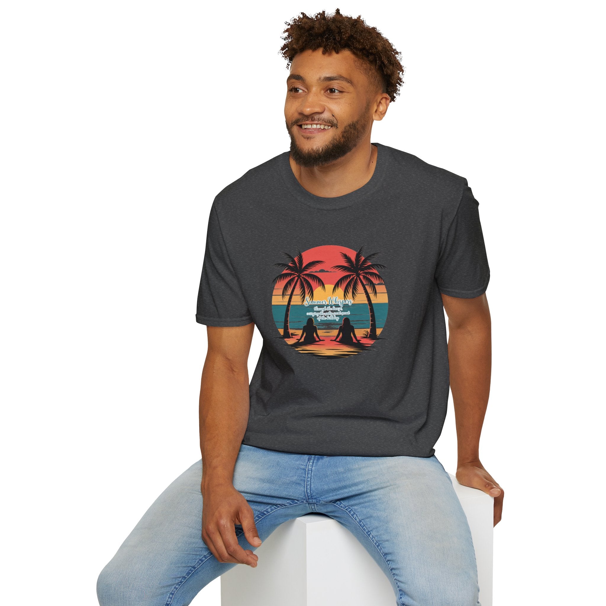 Beach Sunset T-Shirt — Couples Silhouette Palm Tree Graphic Tee (Vintage Rainbow Stripes)