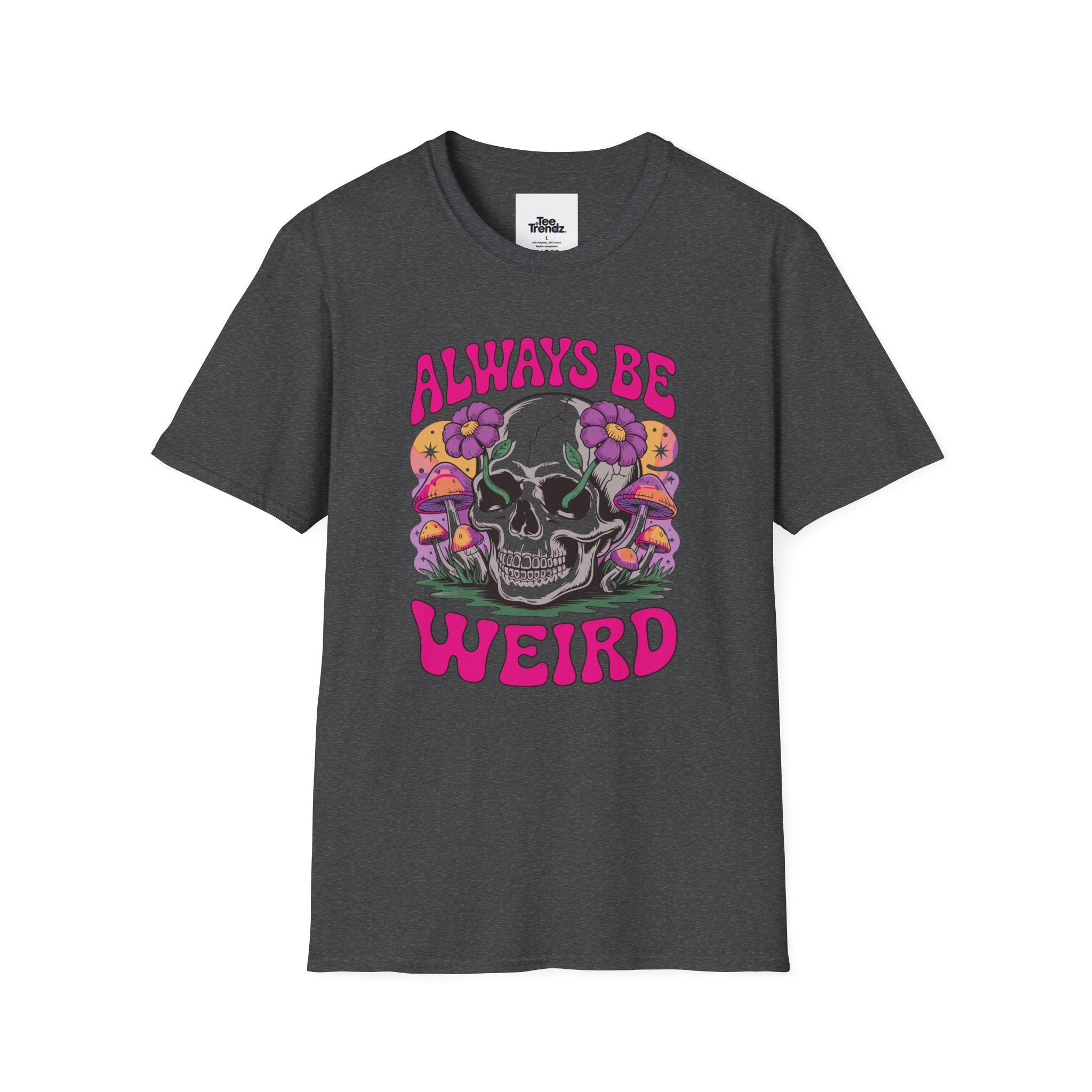 Skull & Mushrooms T-Shirt — "Always Be Weird" Retro Graphic Tee