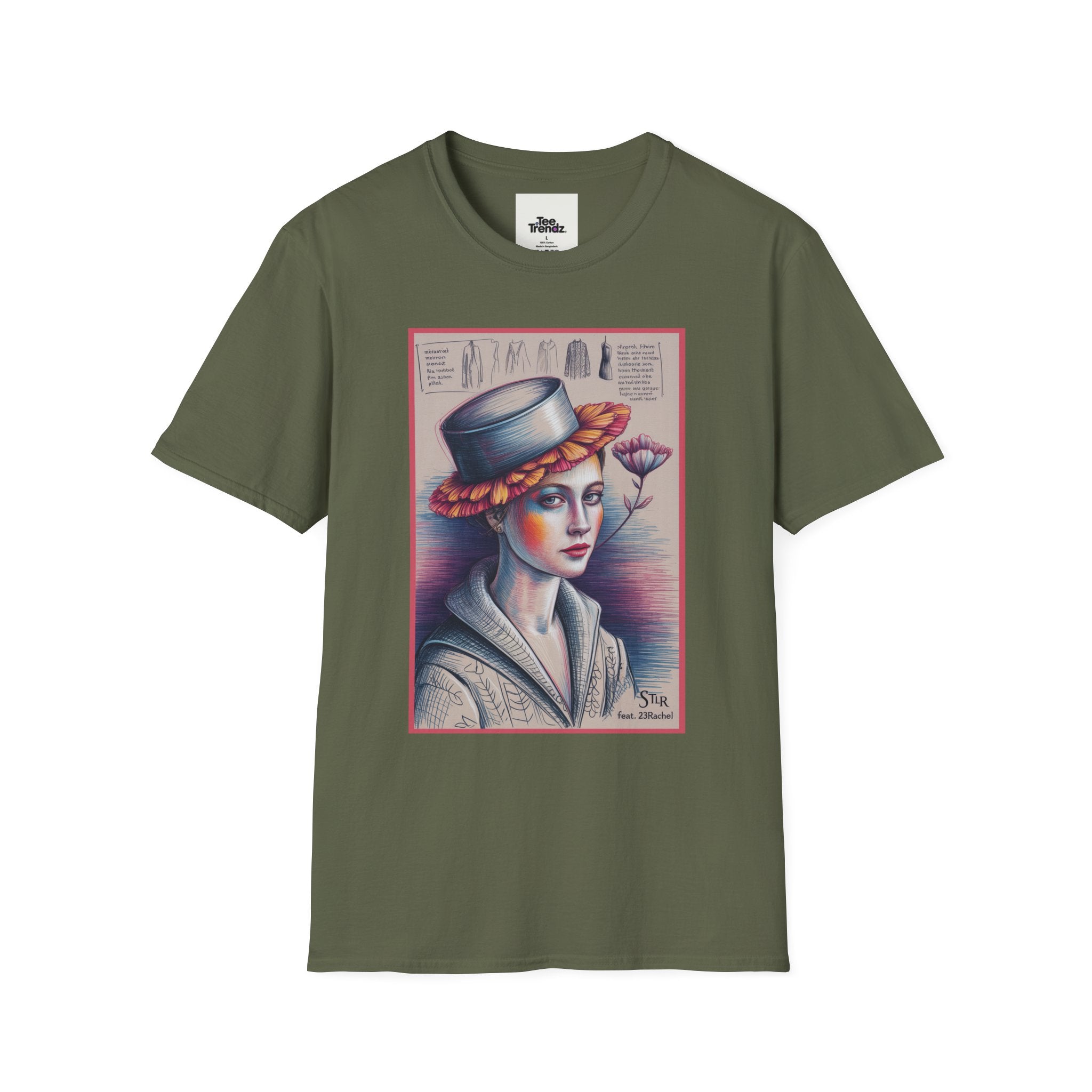 Vintage Portrait T-Shirt — Floral Hat Illustration
