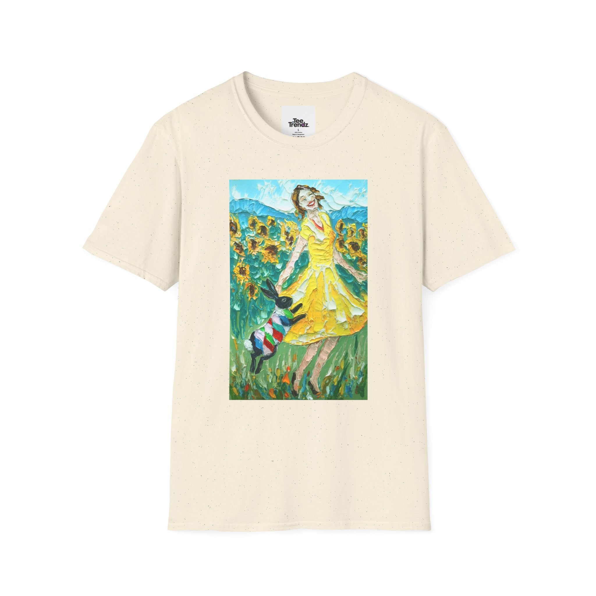 Sunflower Field Dress T-Shirt — Whimsical Girl & Dog Art Tee