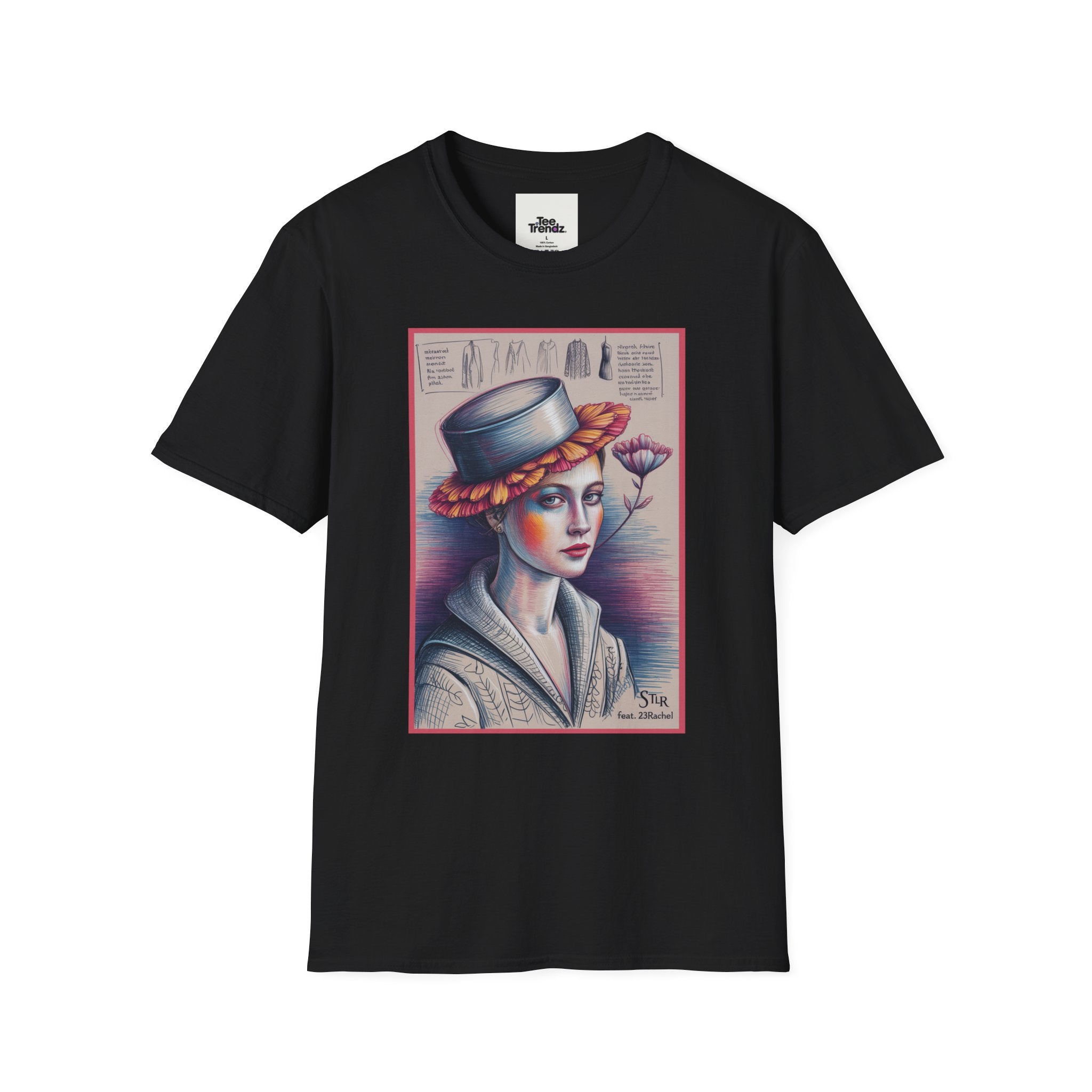 Vintage Portrait T-Shirt — Floral Hat Illustration