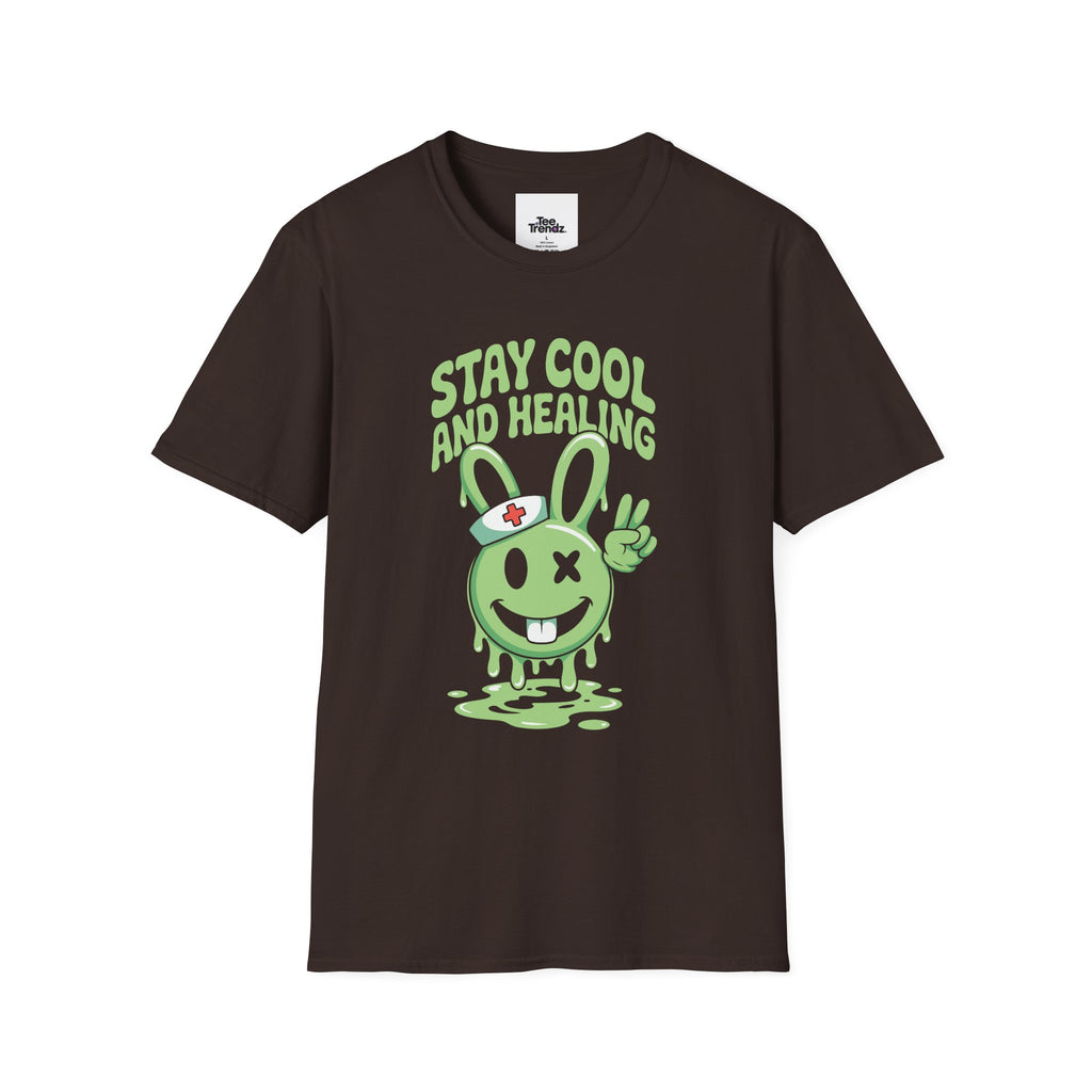 Stay Cool and Healing Graphic T-Shirt — Cute Green Bunny Peace Tee