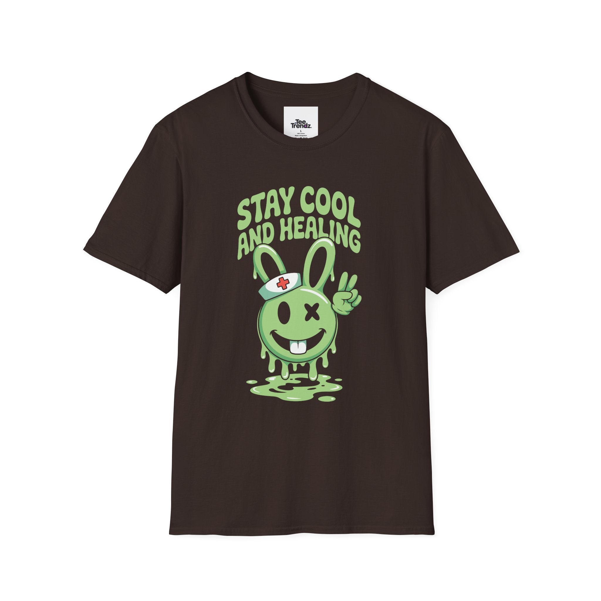 Stay Cool and Healing Graphic T-Shirt — Cute Green Bunny Peace Tee