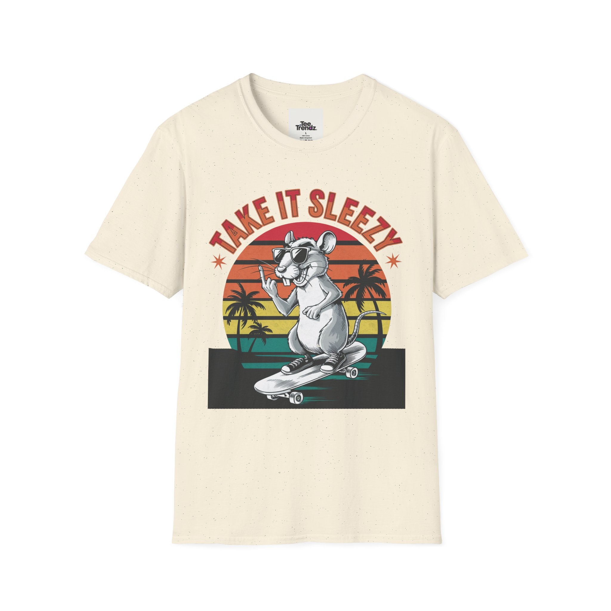 Take It Sleazy Skateboard Rat T-Shirt — Retro Sunset Beach Graphic Tee