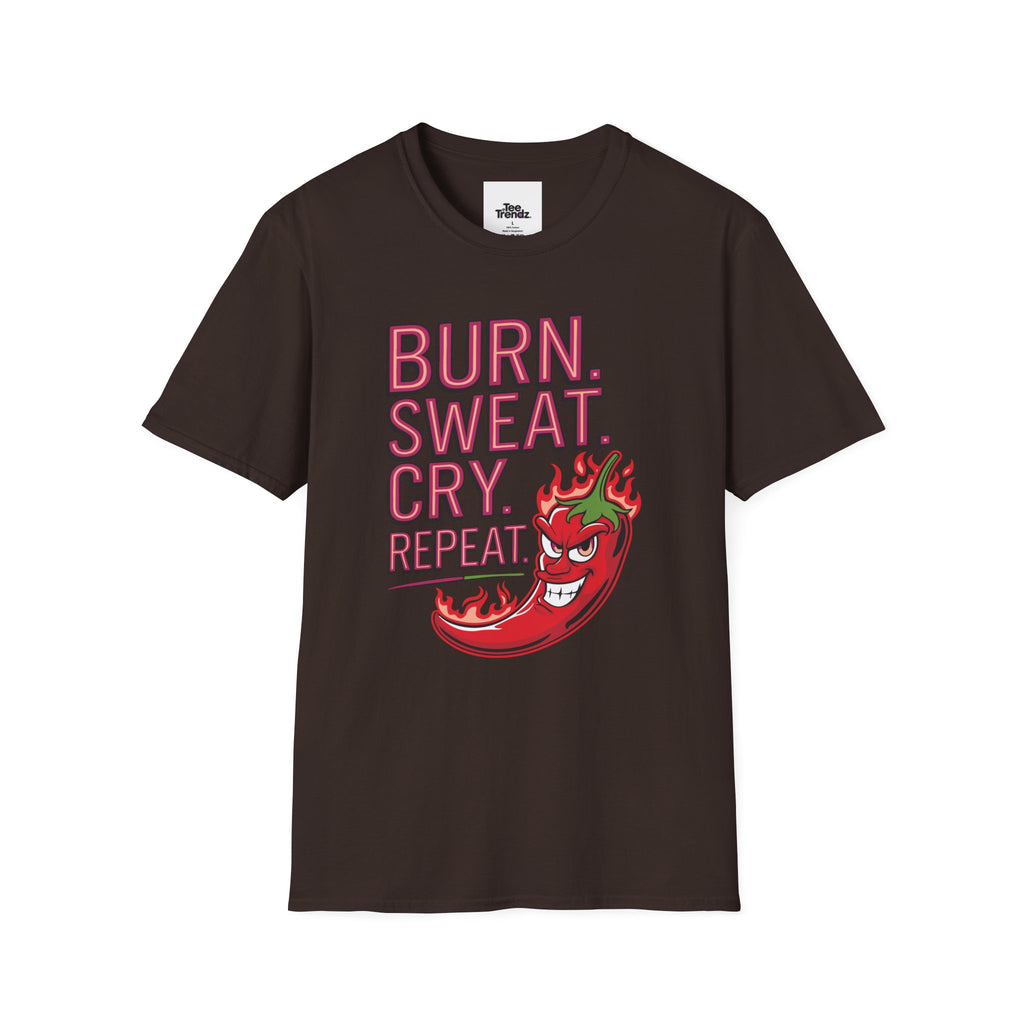 Burn. Sweat. Cry. Repeat. T-Shirt — Spicy Fitness Motivation Tee