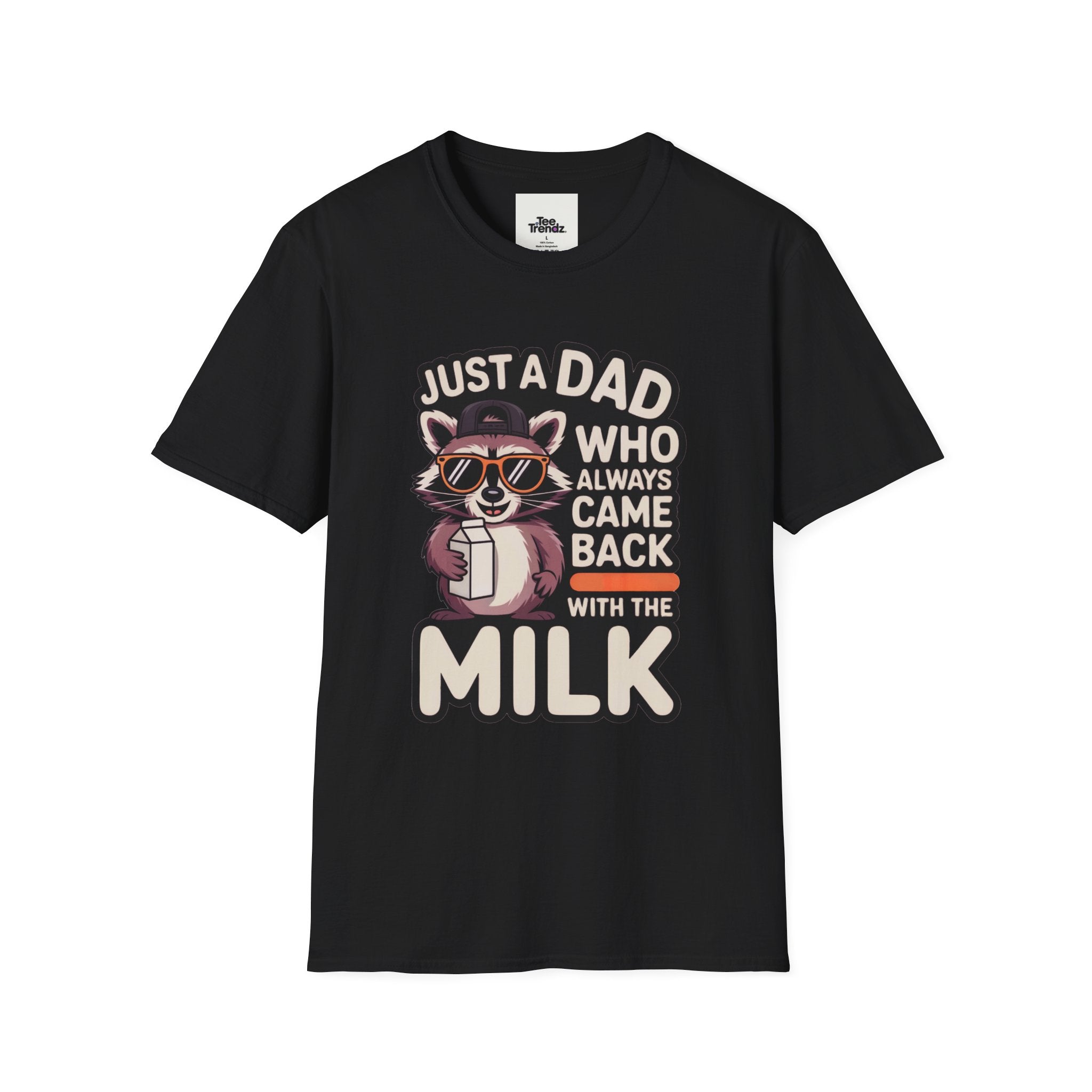 Dad T-Shirt — “Just a Dad Who Always Came Back With the Milk” Vintage Raccoon Design