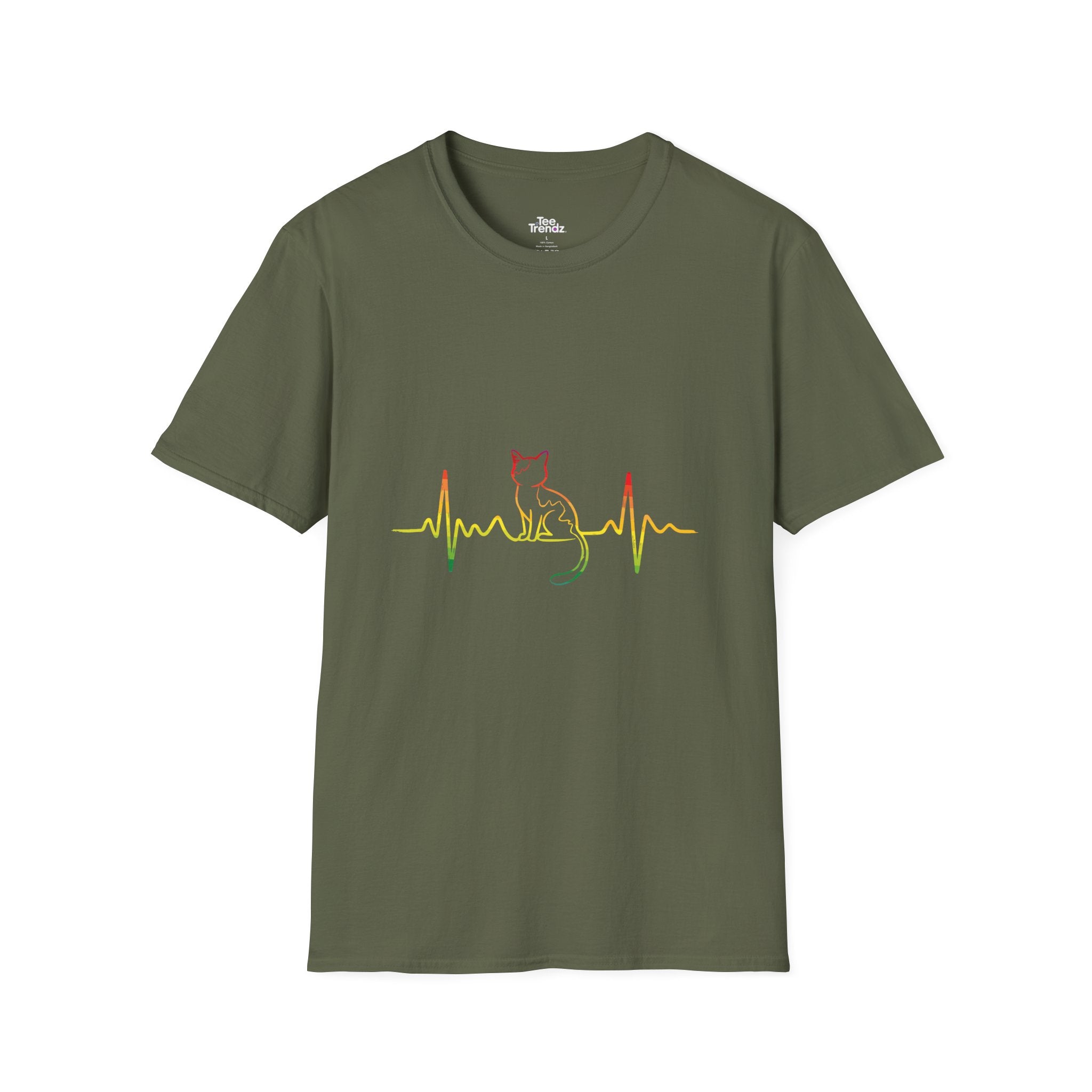 Cat Heartbeat T-Shirt — Rasta Outline Cat EKG Tee
