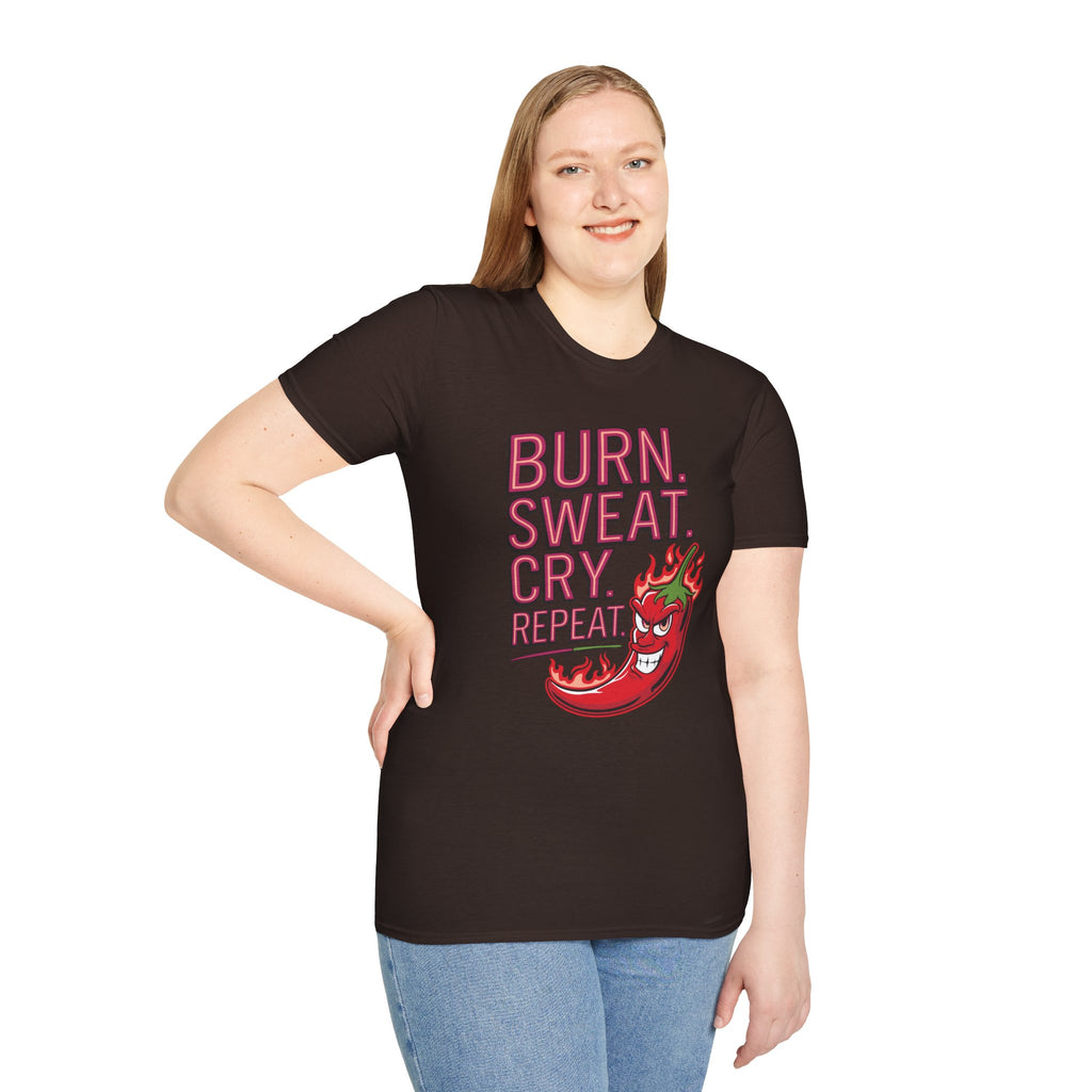 Burn. Sweat. Cry. Repeat. T-Shirt — Spicy Fitness Motivation Tee