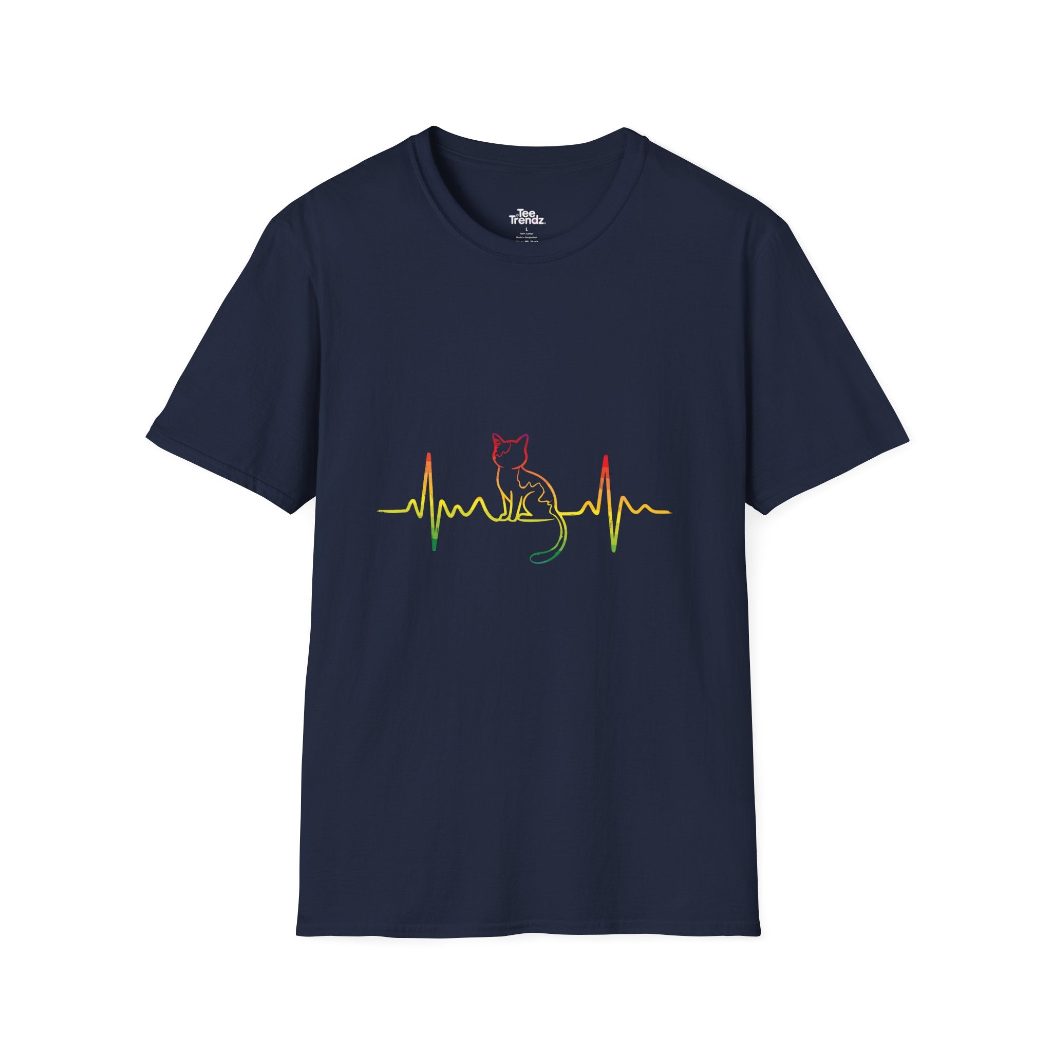 Cat Heartbeat T-Shirt — Rasta Outline Cat EKG Tee