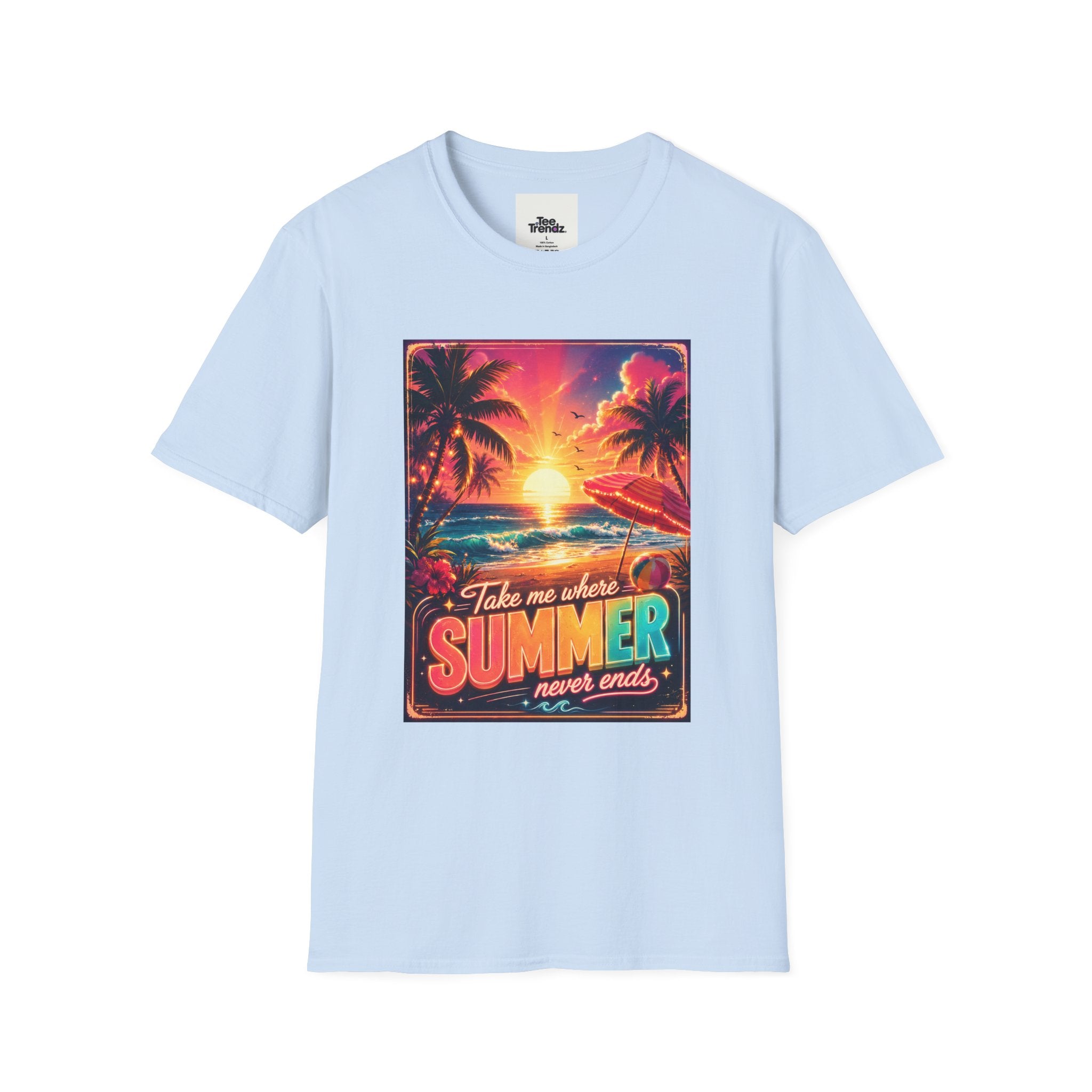 Summer Never Ends T-Shirt — Retro Tropical Sunset Beach Tee