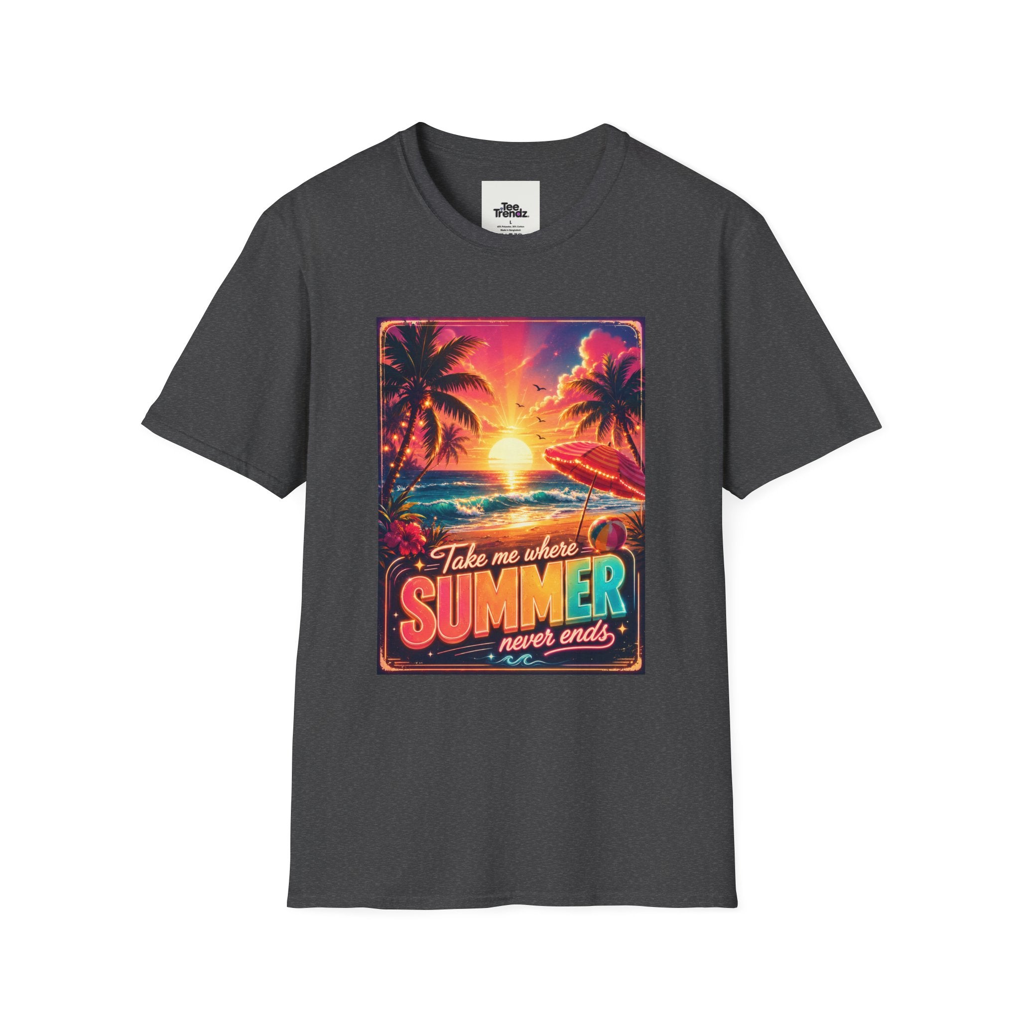 Summer Never Ends T-Shirt — Retro Tropical Sunset Beach Tee