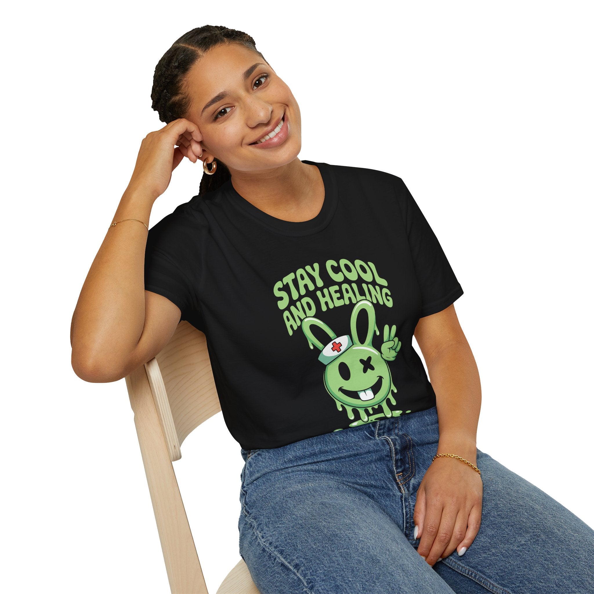 Stay Cool and Healing Graphic T-Shirt — Cute Green Bunny Peace Tee