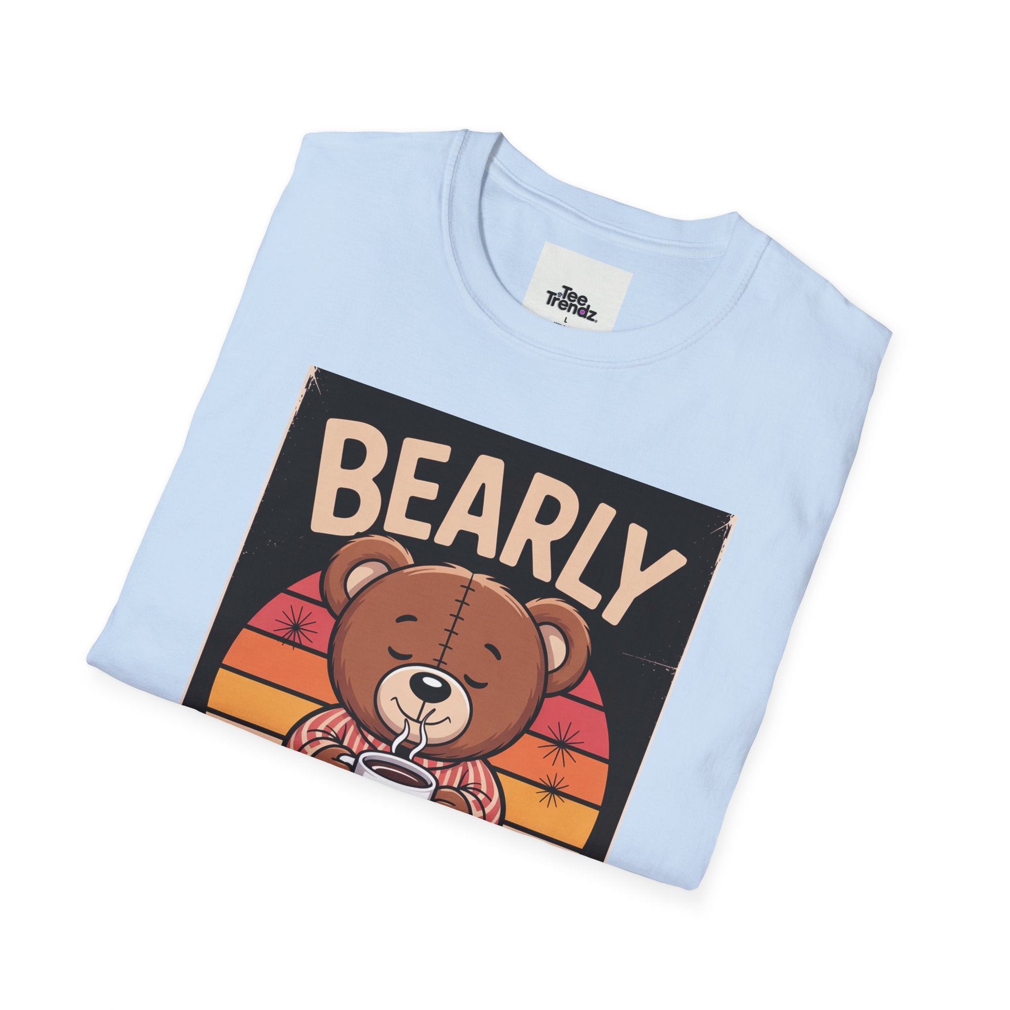 Bearly Awake T‑Shirt — Cute Coffee Bear Vintage Sunset Tee