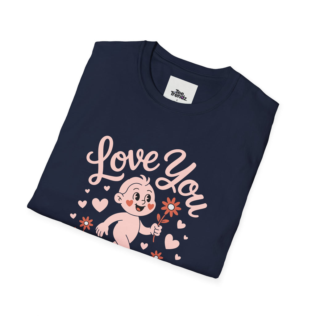 Love You Cute Character T-Shirt — Retro Pink Heart Cartoon Graphic Tee for Valentine’s Day