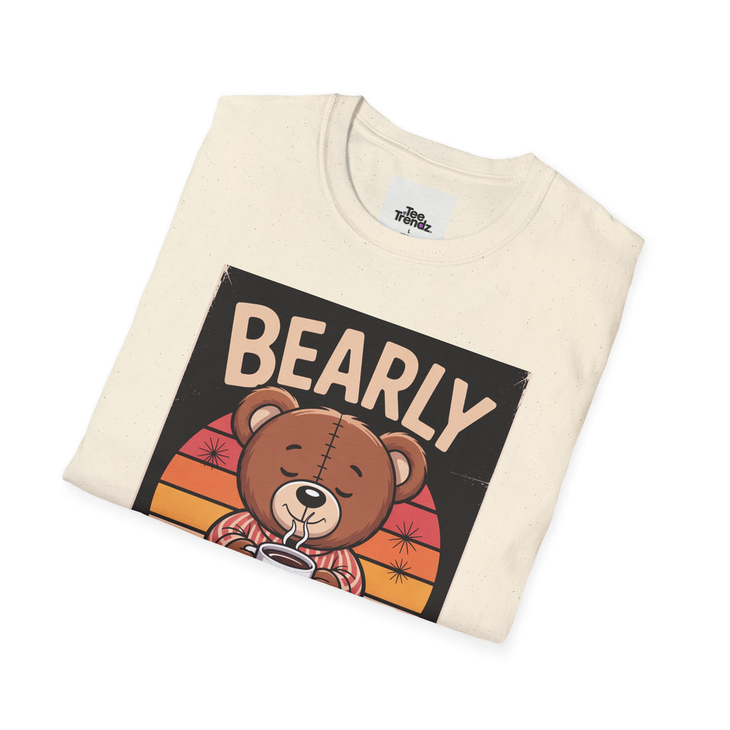Bearly Awake T‑Shirt — Cute Coffee Bear Vintage Sunset Tee