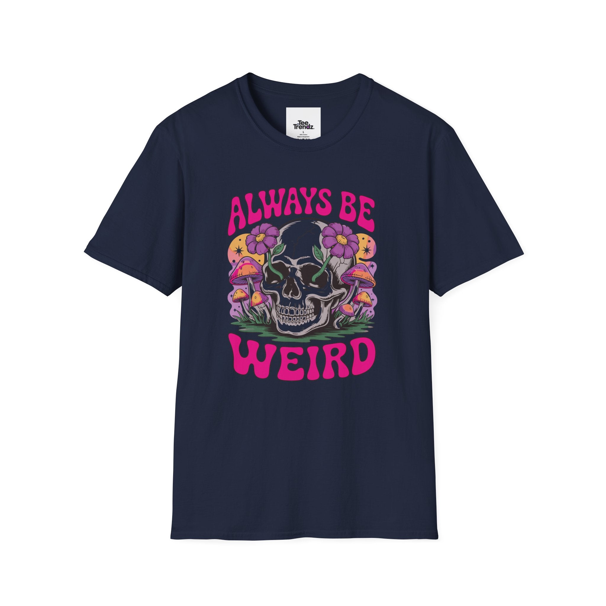 Skull & Mushrooms T-Shirt — "Always Be Weird" Retro Graphic Tee