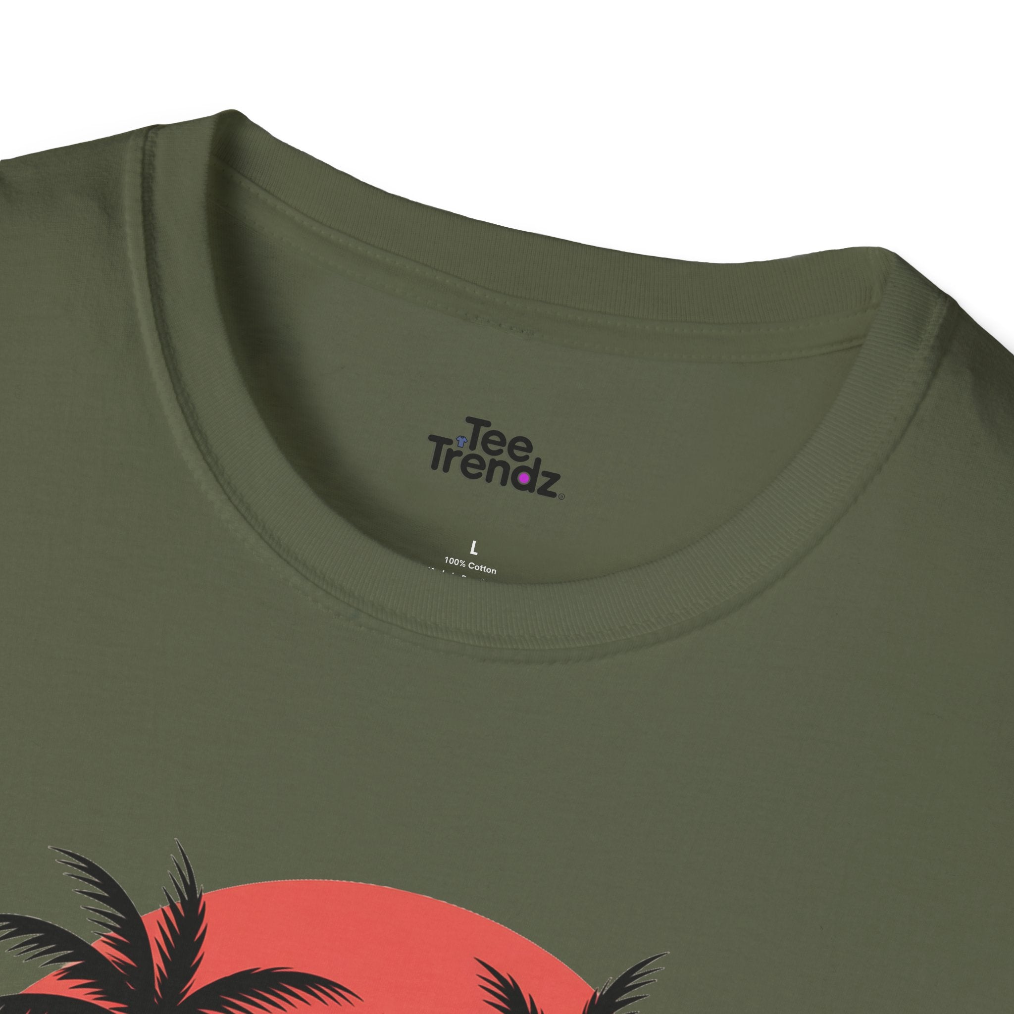 Beach Sunset T-Shirt — Couples Silhouette Palm Tree Graphic Tee (Vintage Rainbow Stripes)