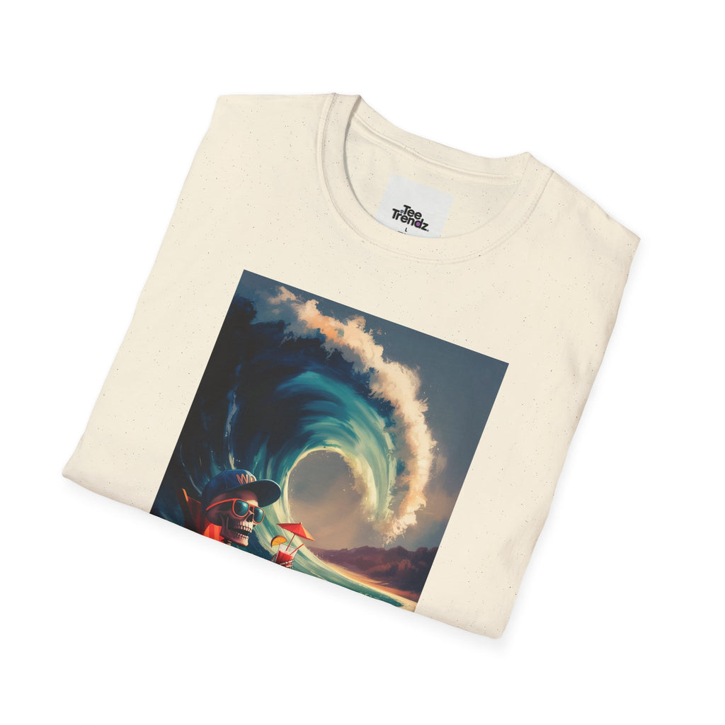 T-Shirt - Retro Beach Surf Scene with Giant Wave and Relaxing Skeleton (Vintage Coastal Vibe)