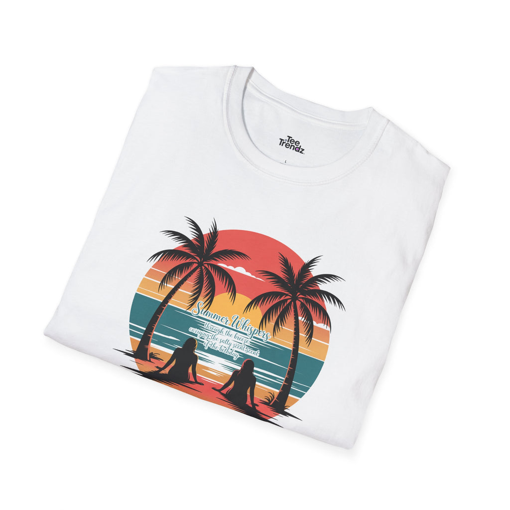 Beach Sunset T-Shirt — Couples Silhouette Palm Tree Graphic Tee (Vintage Rainbow Stripes)