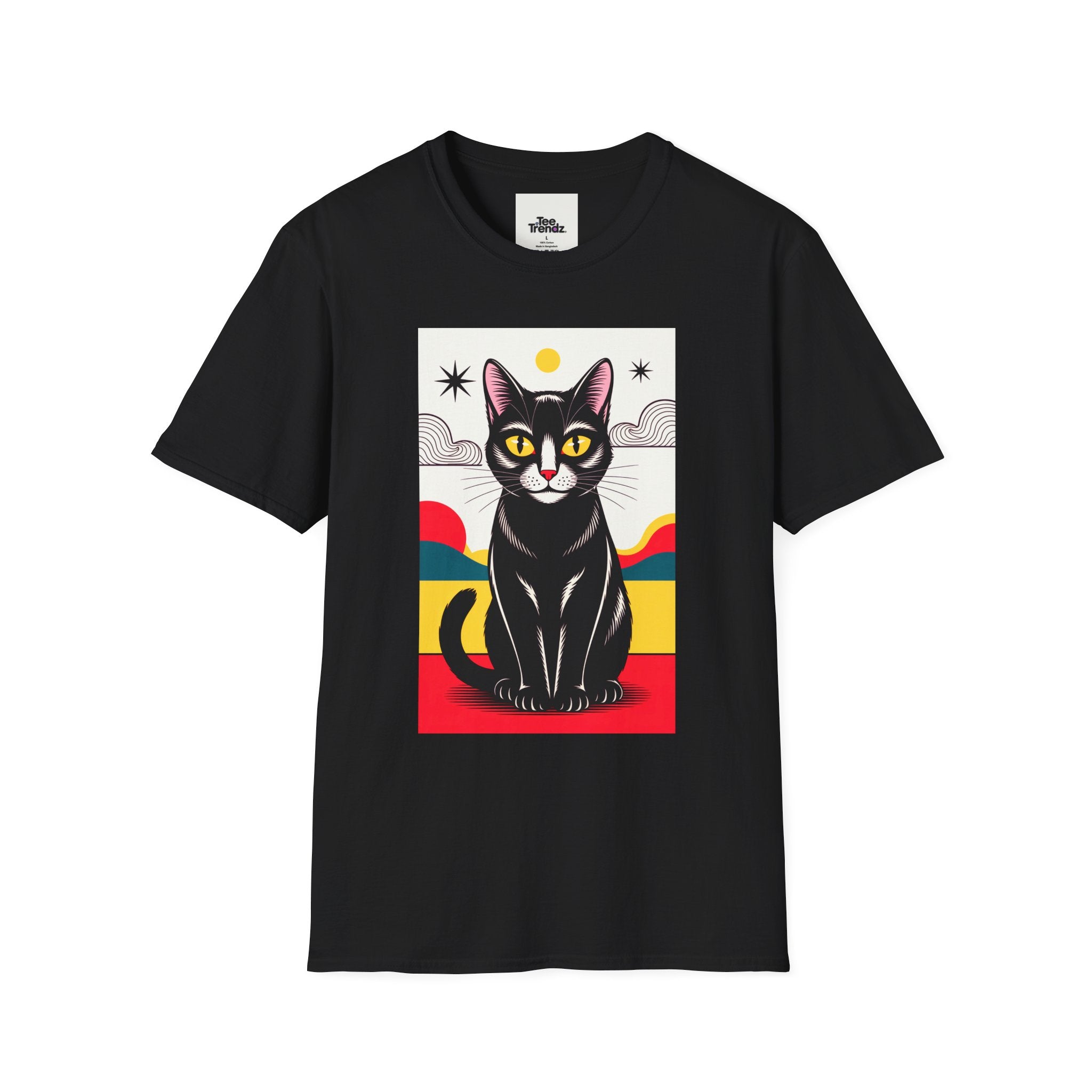 Black Cat Graphic T-Shirt — Retro Sunset Cat Illustration