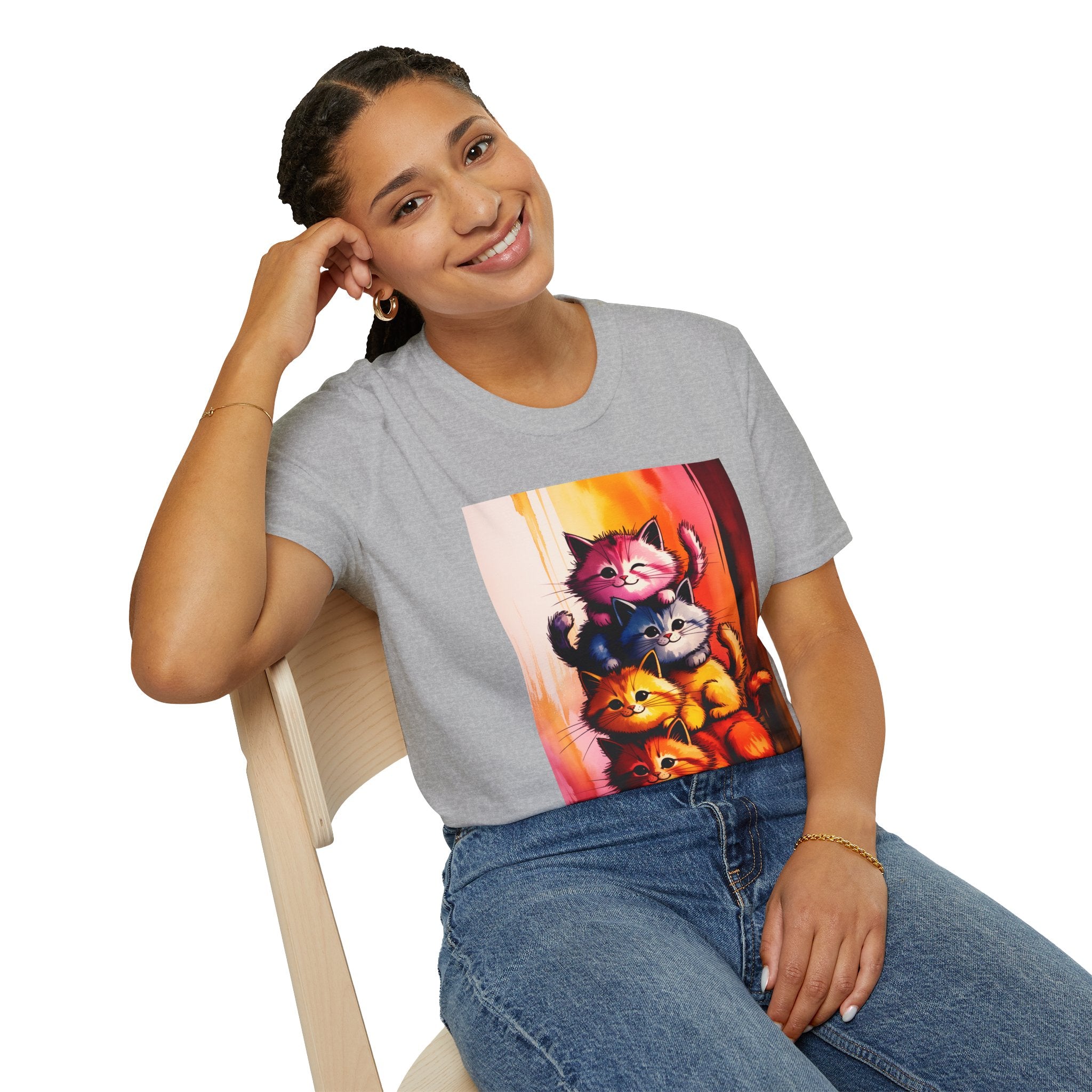 Colorful Stacked Cats T-Shirt — Playful Cute Cat Art Tee