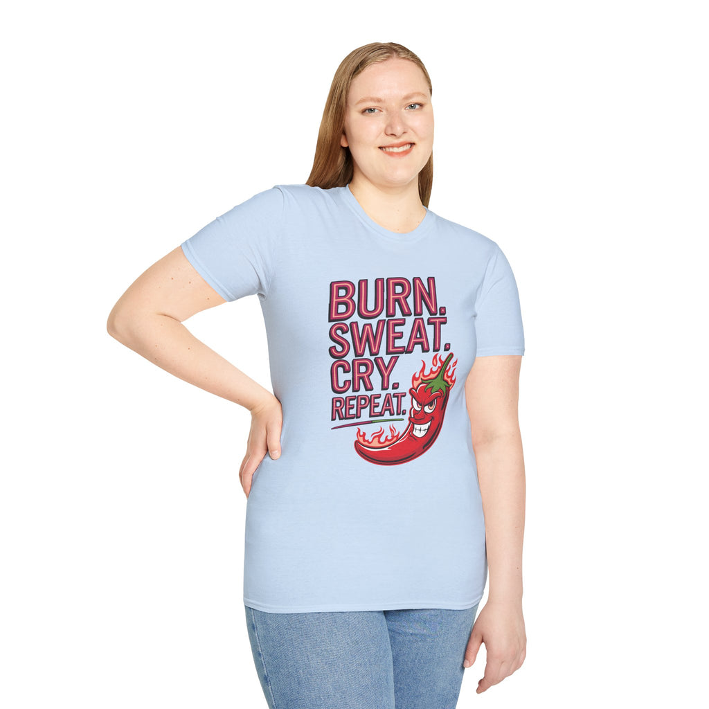 Burn. Sweat. Cry. Repeat. T-Shirt — Spicy Fitness Motivation Tee