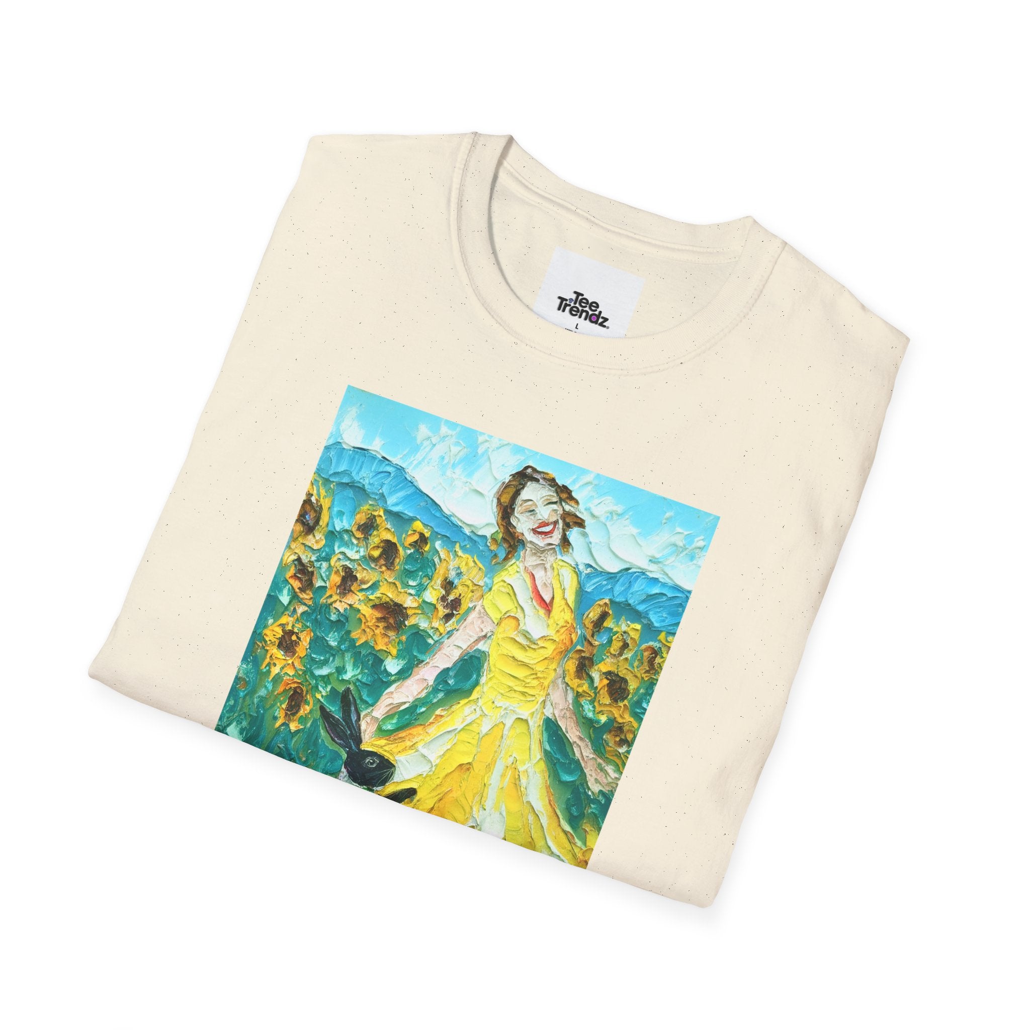 Sunflower Field Dress T-Shirt — Whimsical Girl & Dog Art Tee