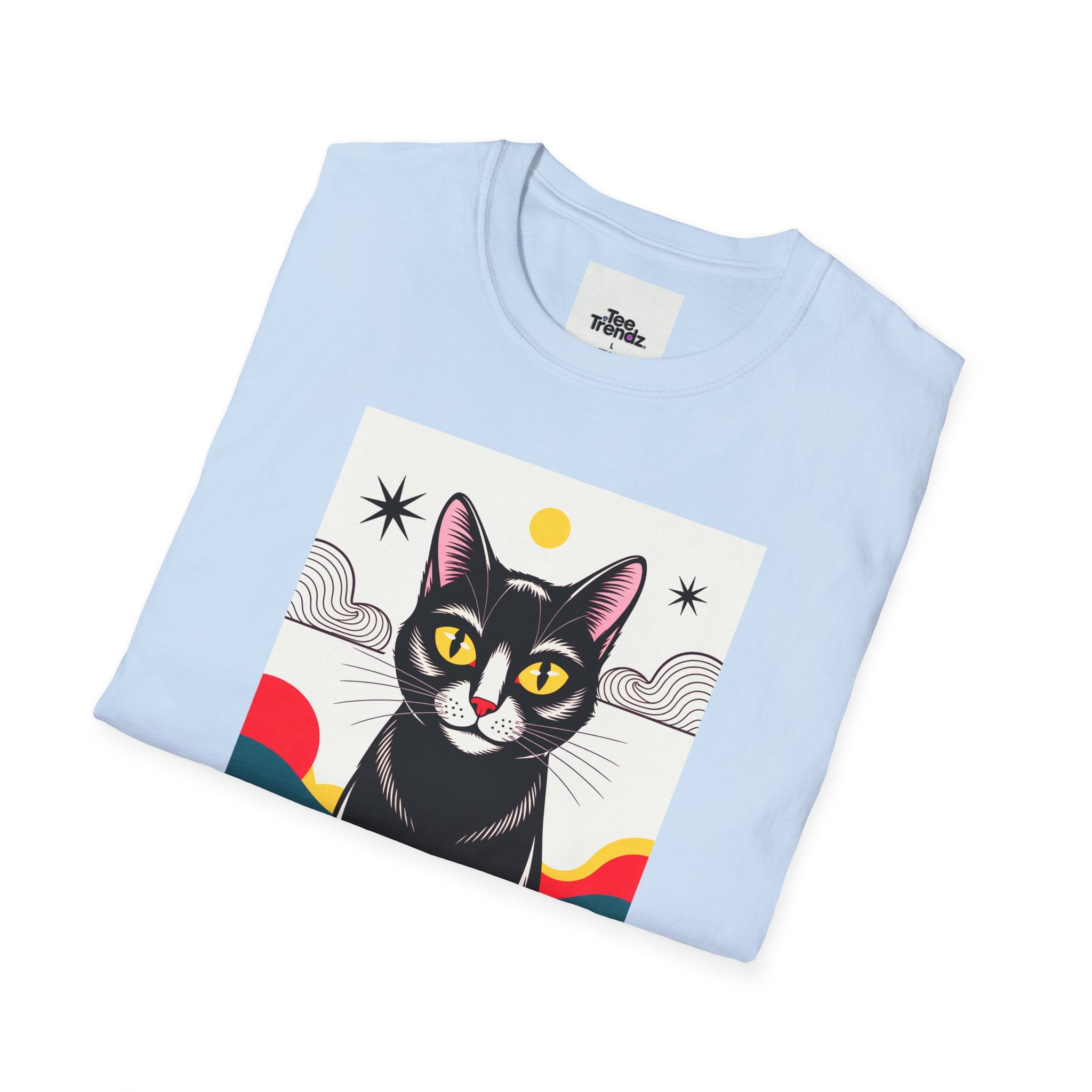 Black Cat Graphic T-Shirt — Retro Sunset Cat Illustration