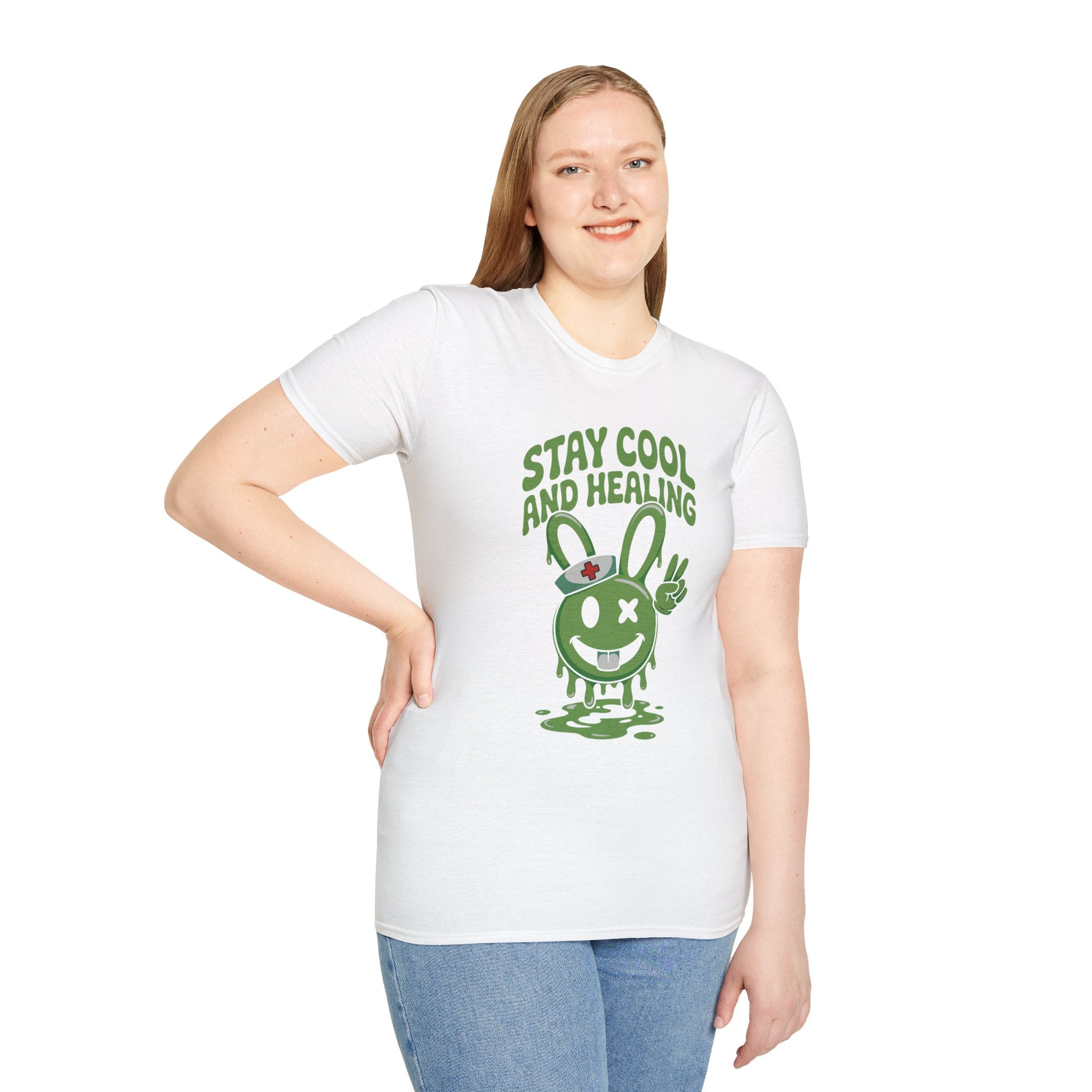 Stay Cool and Healing Graphic T-Shirt — Cute Green Bunny Peace Tee