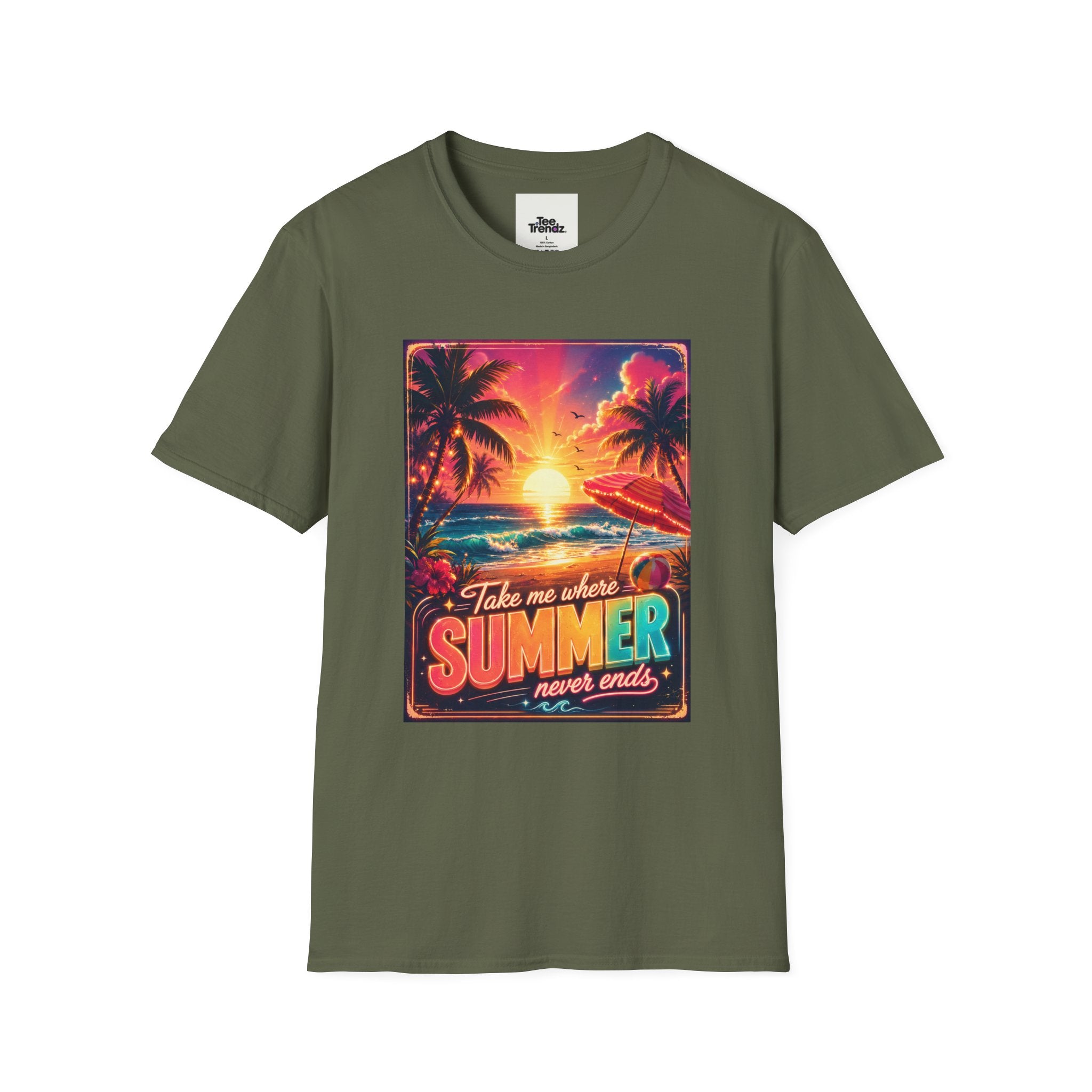 Summer Never Ends T-Shirt — Retro Tropical Sunset Beach Tee