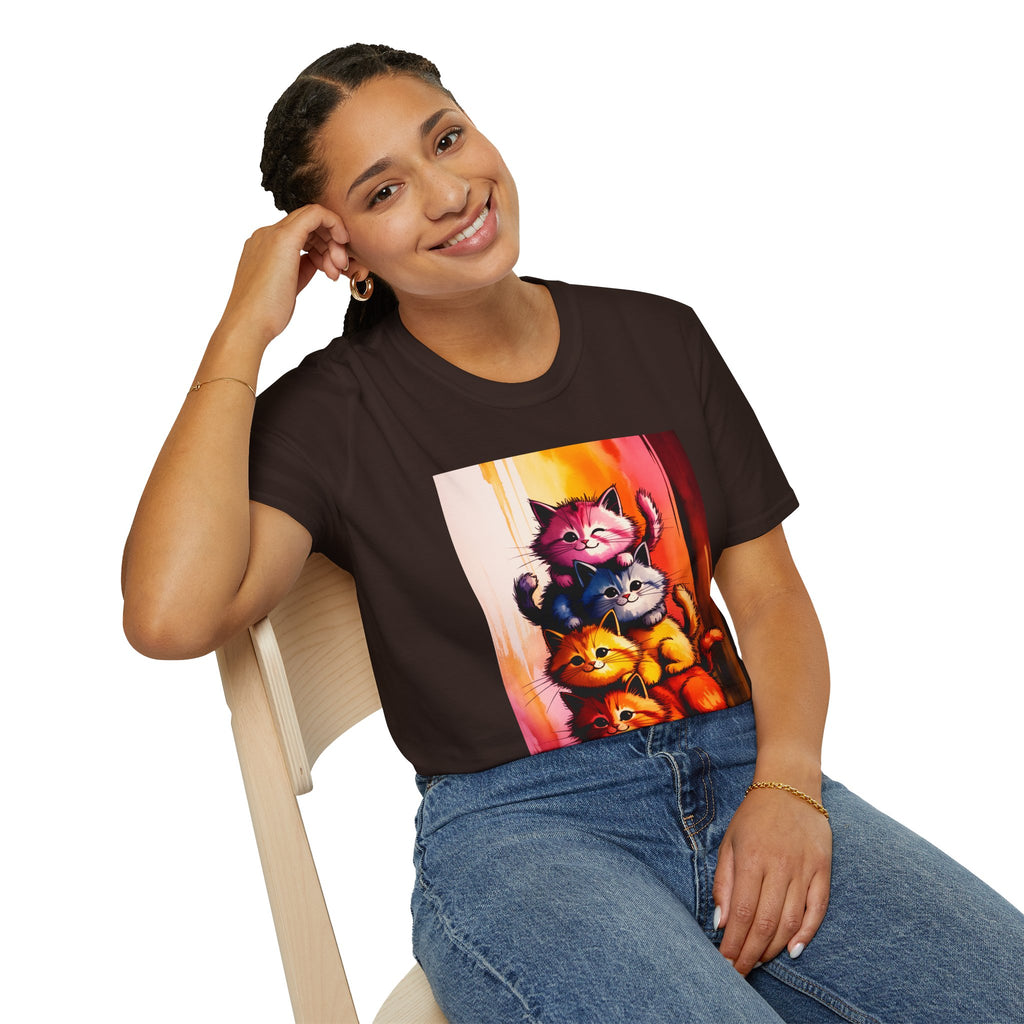 Colorful Stacked Cats T-Shirt — Playful Cute Cat Art Tee