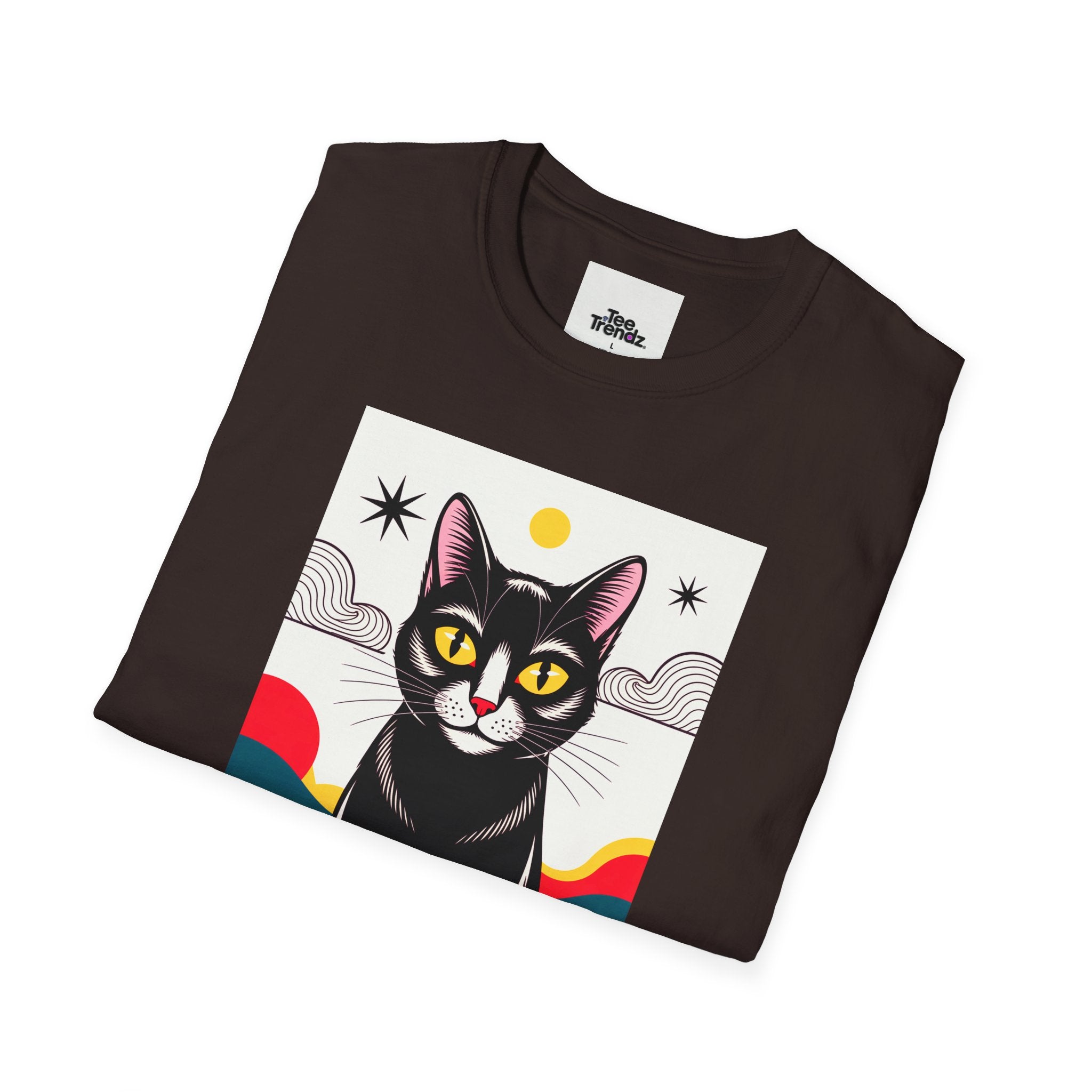 Black Cat Graphic T-Shirt — Retro Sunset Cat Illustration