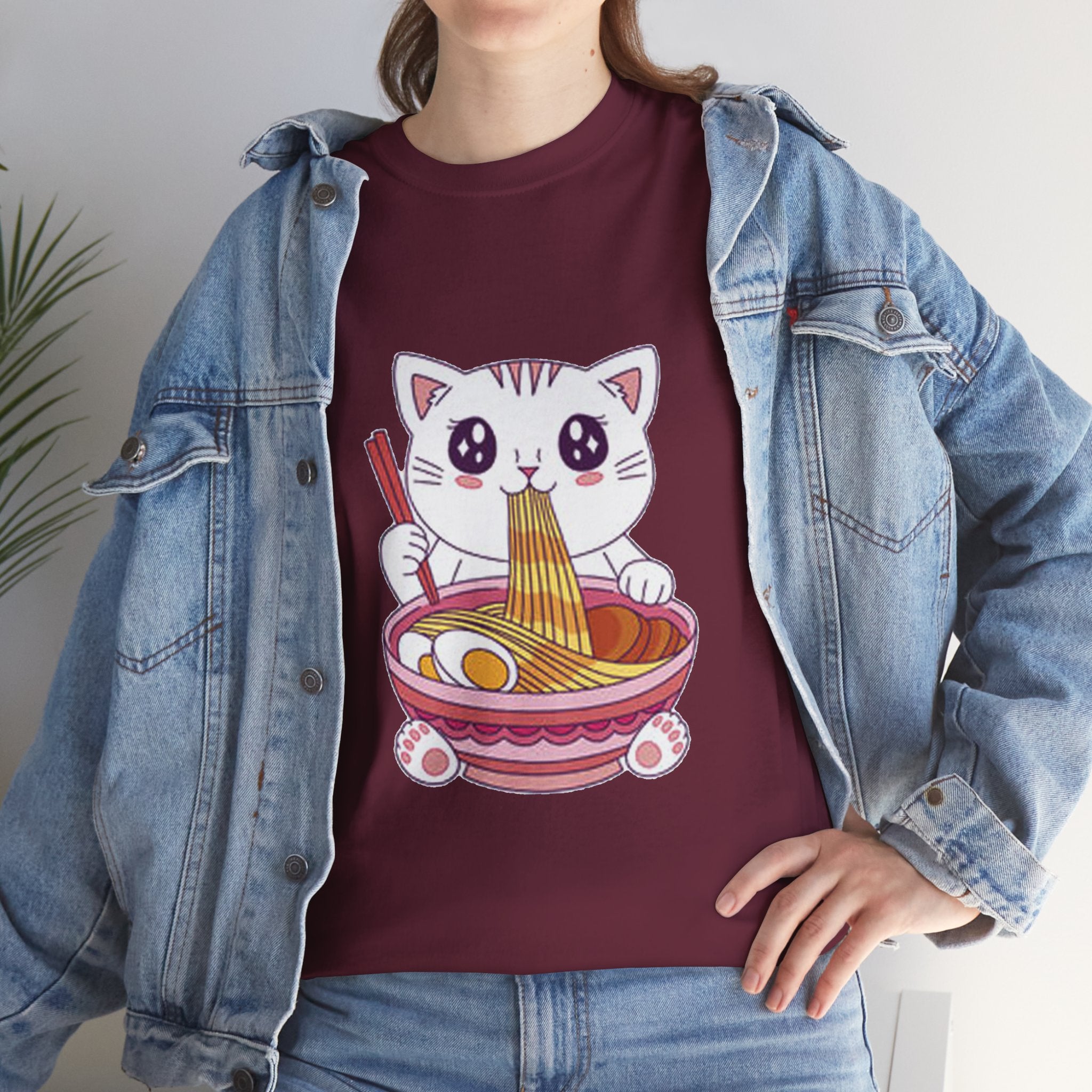 Cute Cat Ramen Tee – Kawaii Kitty Eating Noodles Graphic Shirt