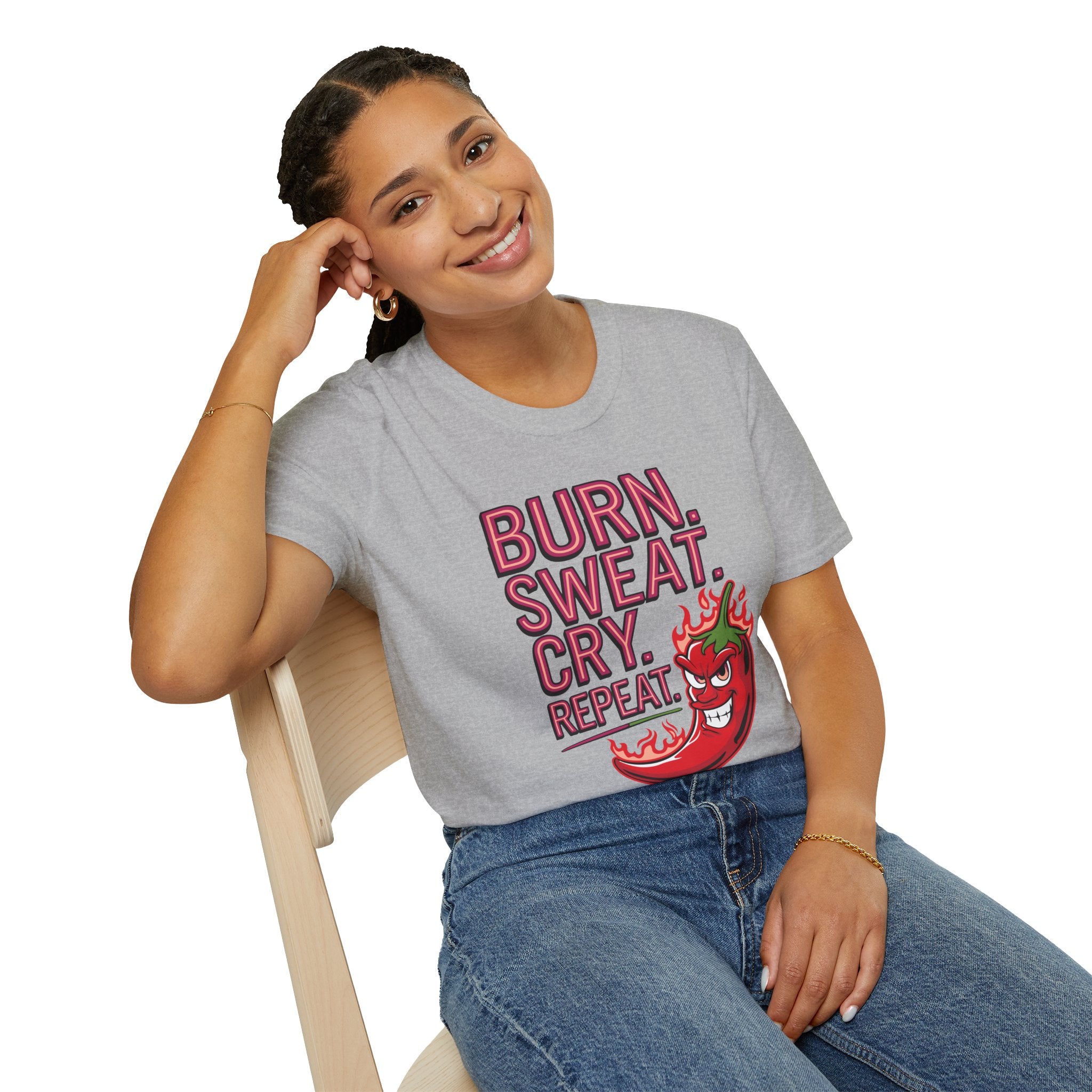 Burn. Sweat. Cry. Repeat. T-Shirt — Spicy Fitness Motivation Tee