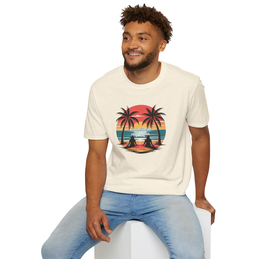 Beach Sunset T-Shirt — Couples Silhouette Palm Tree Graphic Tee (Vintage Rainbow Stripes)