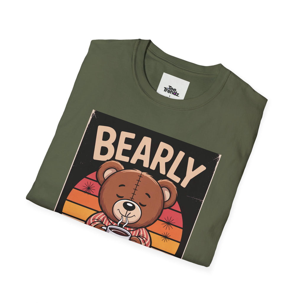 Bearly Awake T‑Shirt — Cute Coffee Bear Vintage Sunset Tee