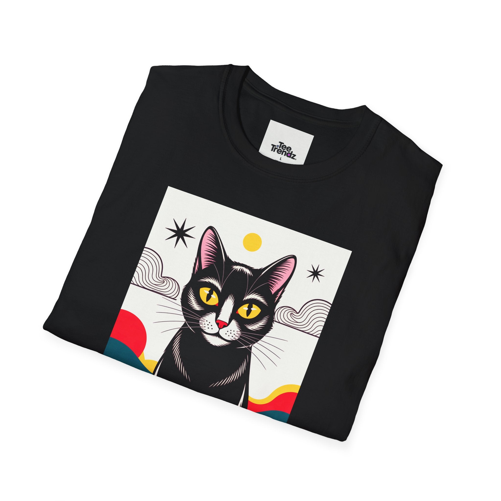 Black Cat Graphic T-Shirt — Retro Sunset Cat Illustration