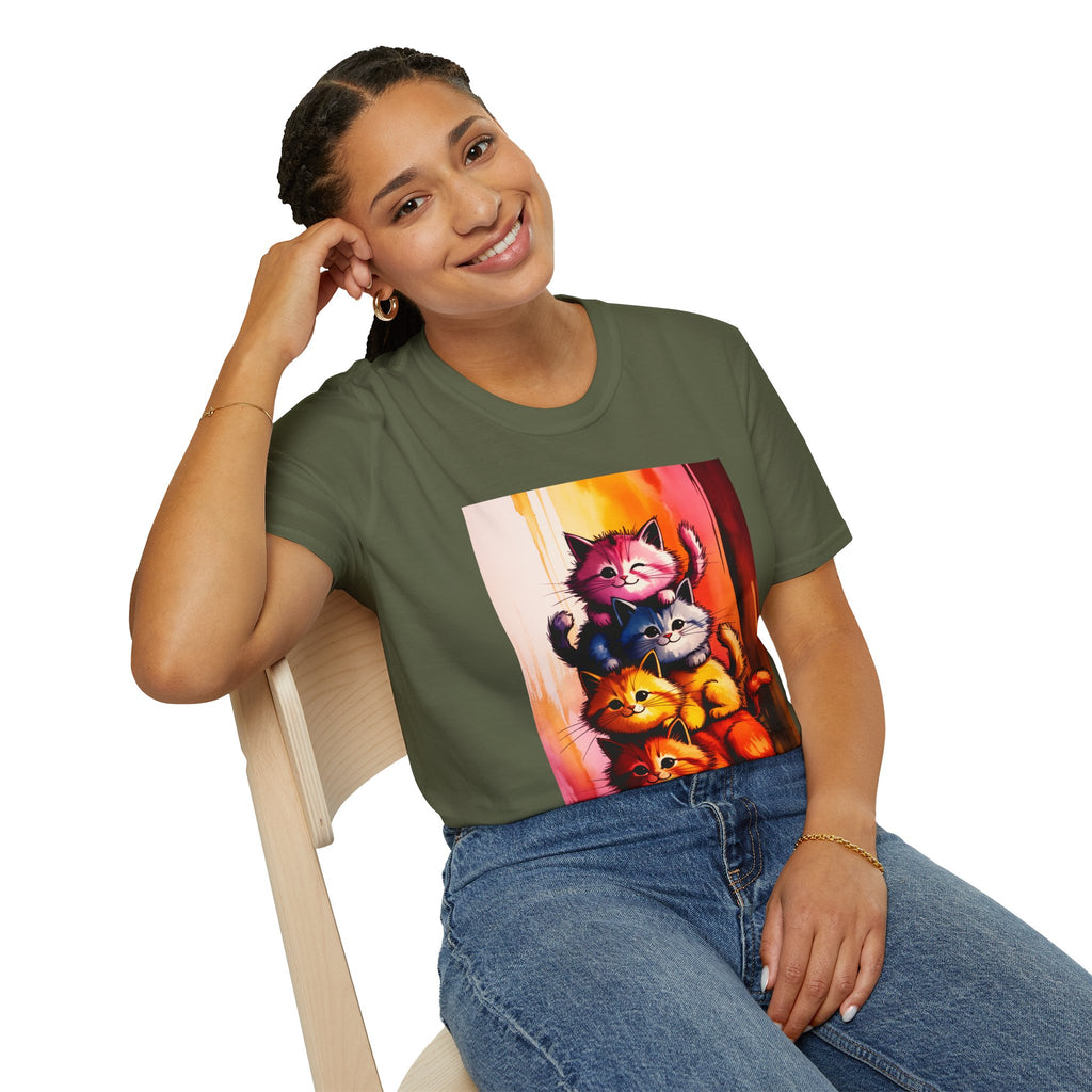 Colorful Stacked Cats T-Shirt — Playful Cute Cat Art Tee