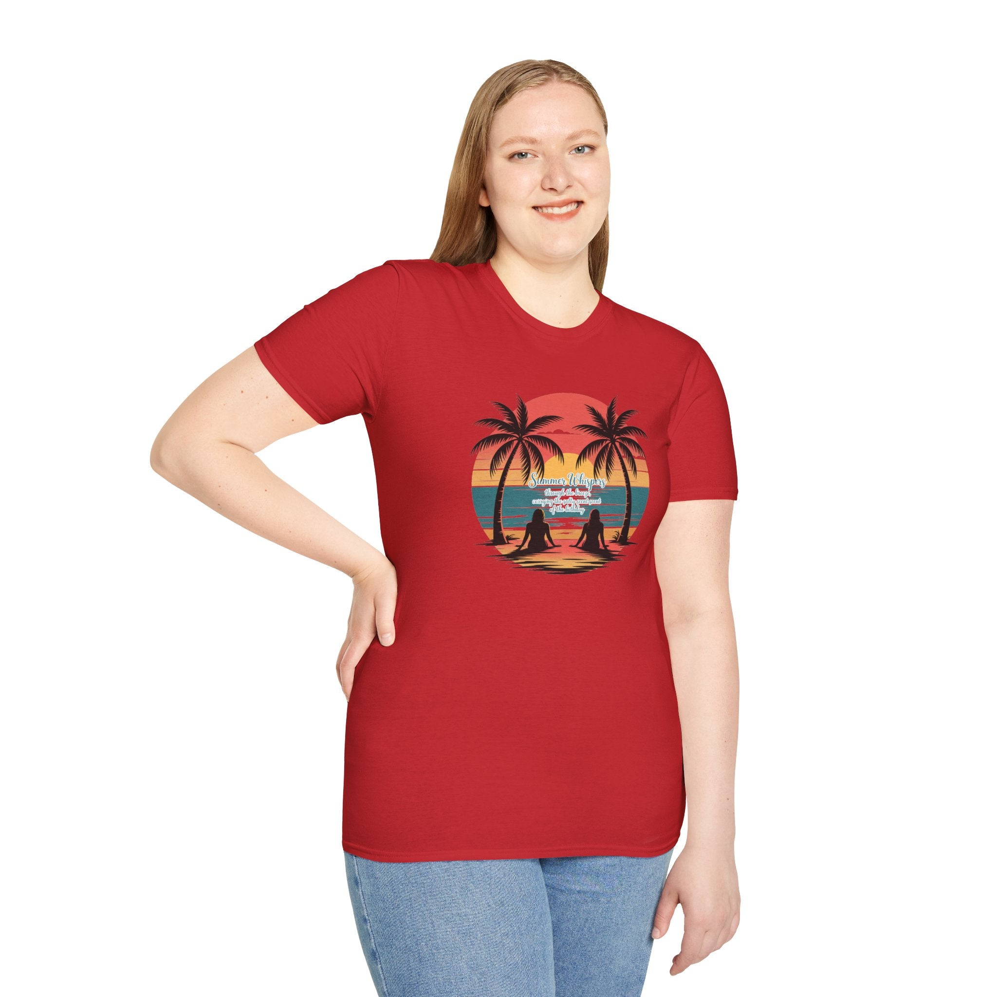 Beach Sunset T-Shirt — Couples Silhouette Palm Tree Graphic Tee (Vintage Rainbow Stripes)