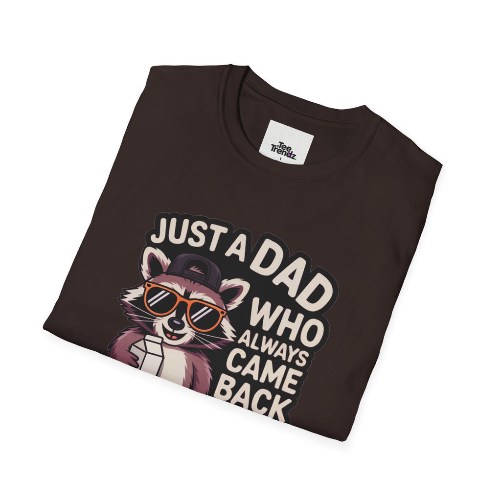 Dad T-Shirt — “Just a Dad Who Always Came Back With the Milk” Vintage Raccoon Design